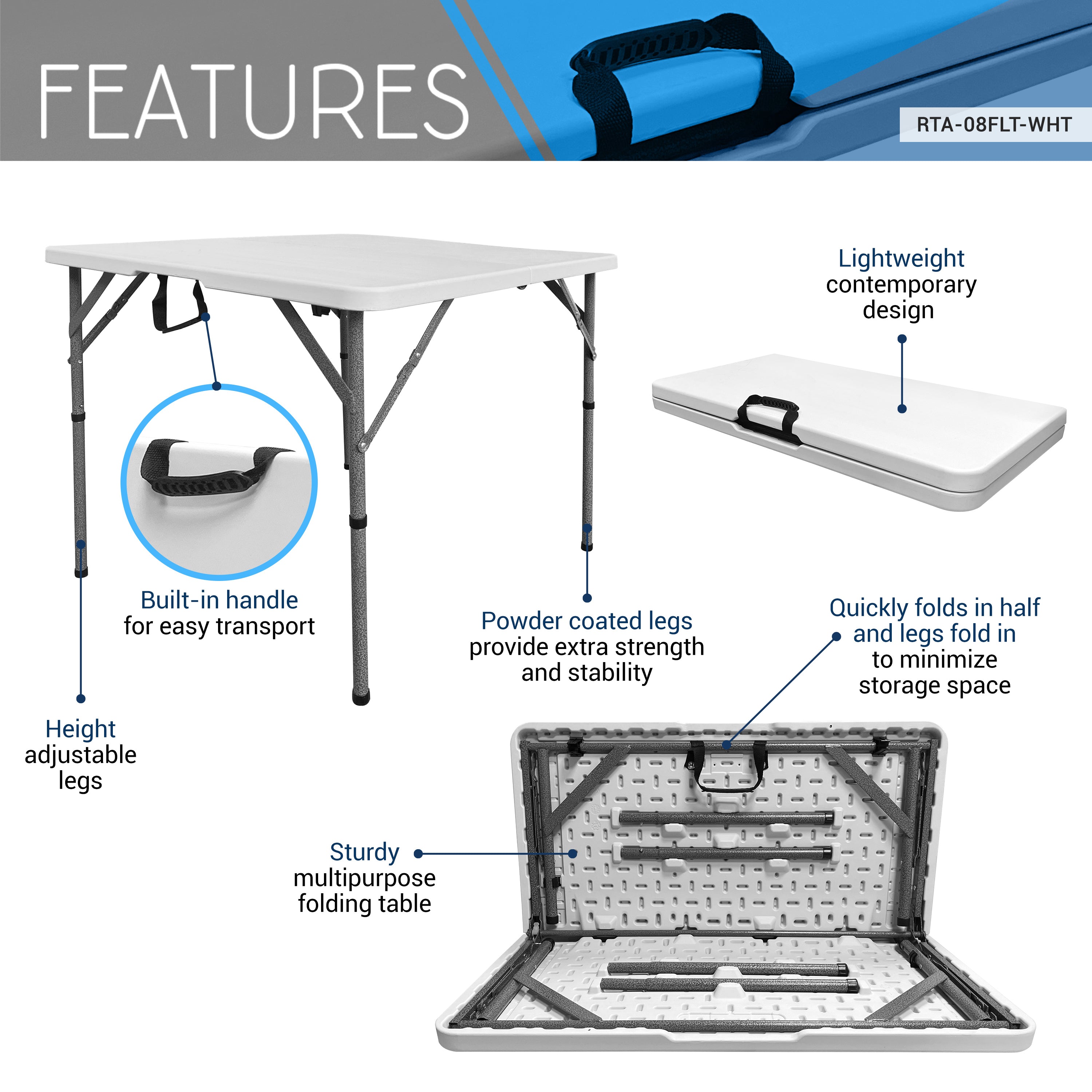 34” Square Folding Table, Height Adjustable Foldable Table with Easy-Carry Handle