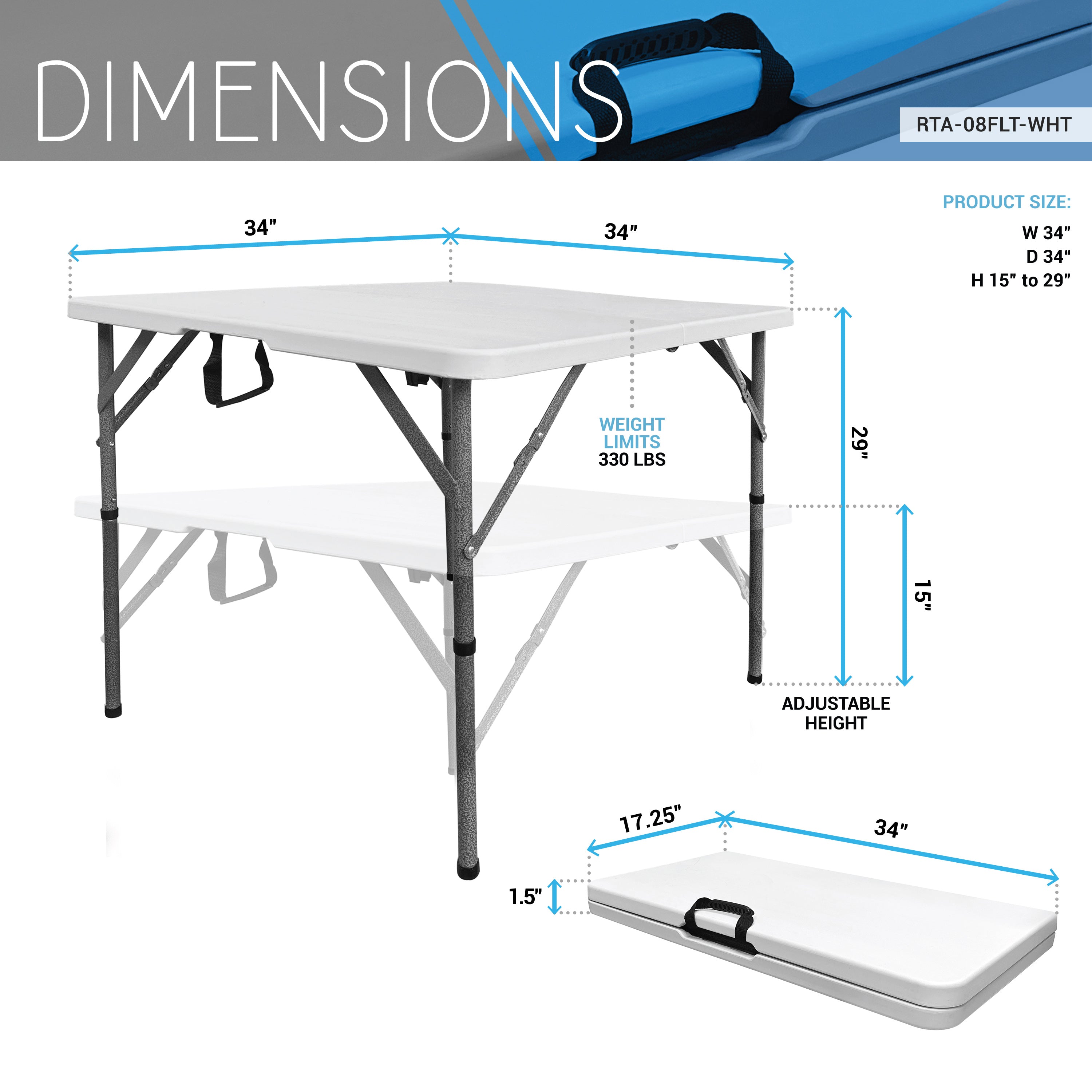 34” Square Folding Table, Height Adjustable Foldable Table with Easy-Carry Handle