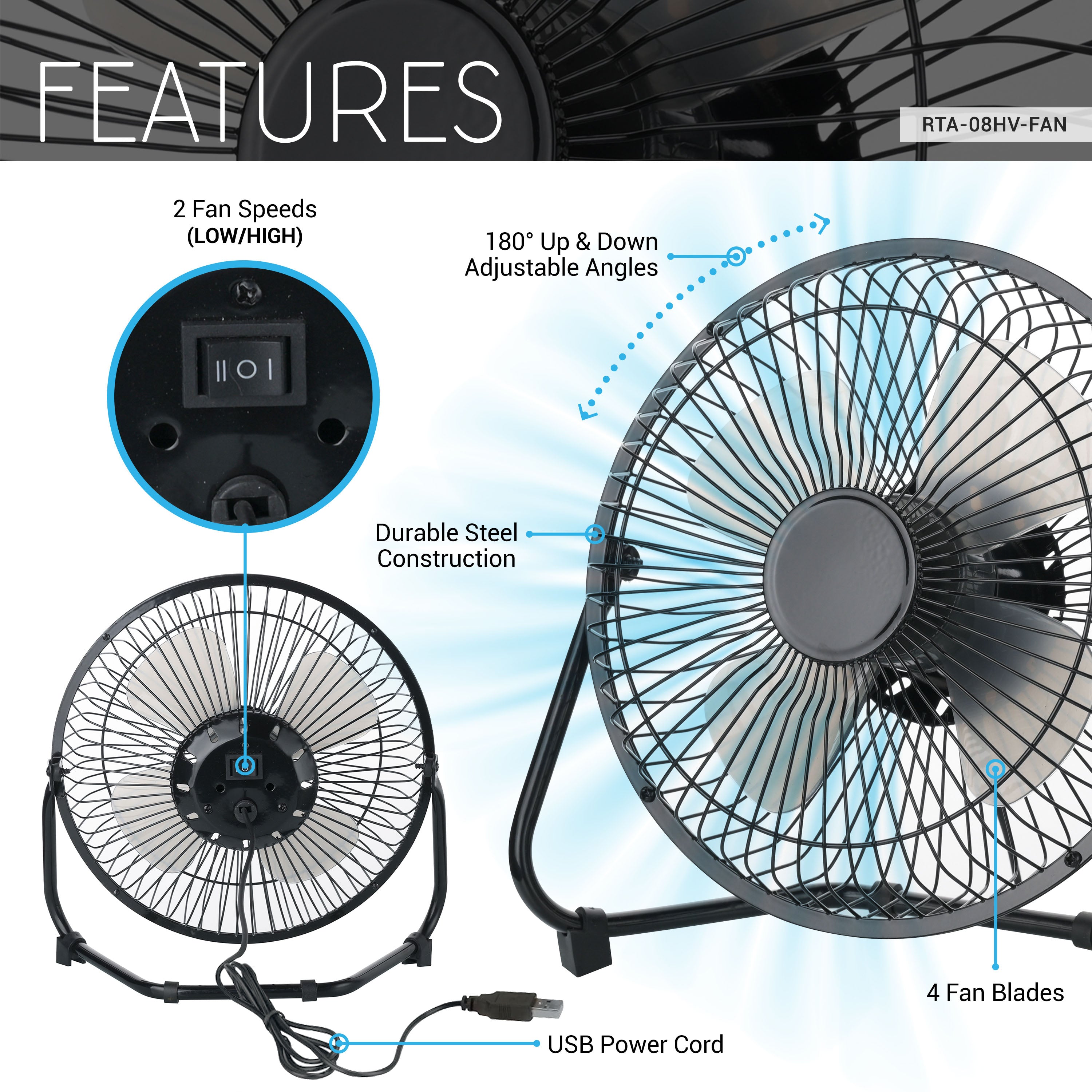 8” USB-Powered High Velocity Fan, 2-Speed Compact Fan with Adjustable Tilt for Home, Office & Garage Cooling