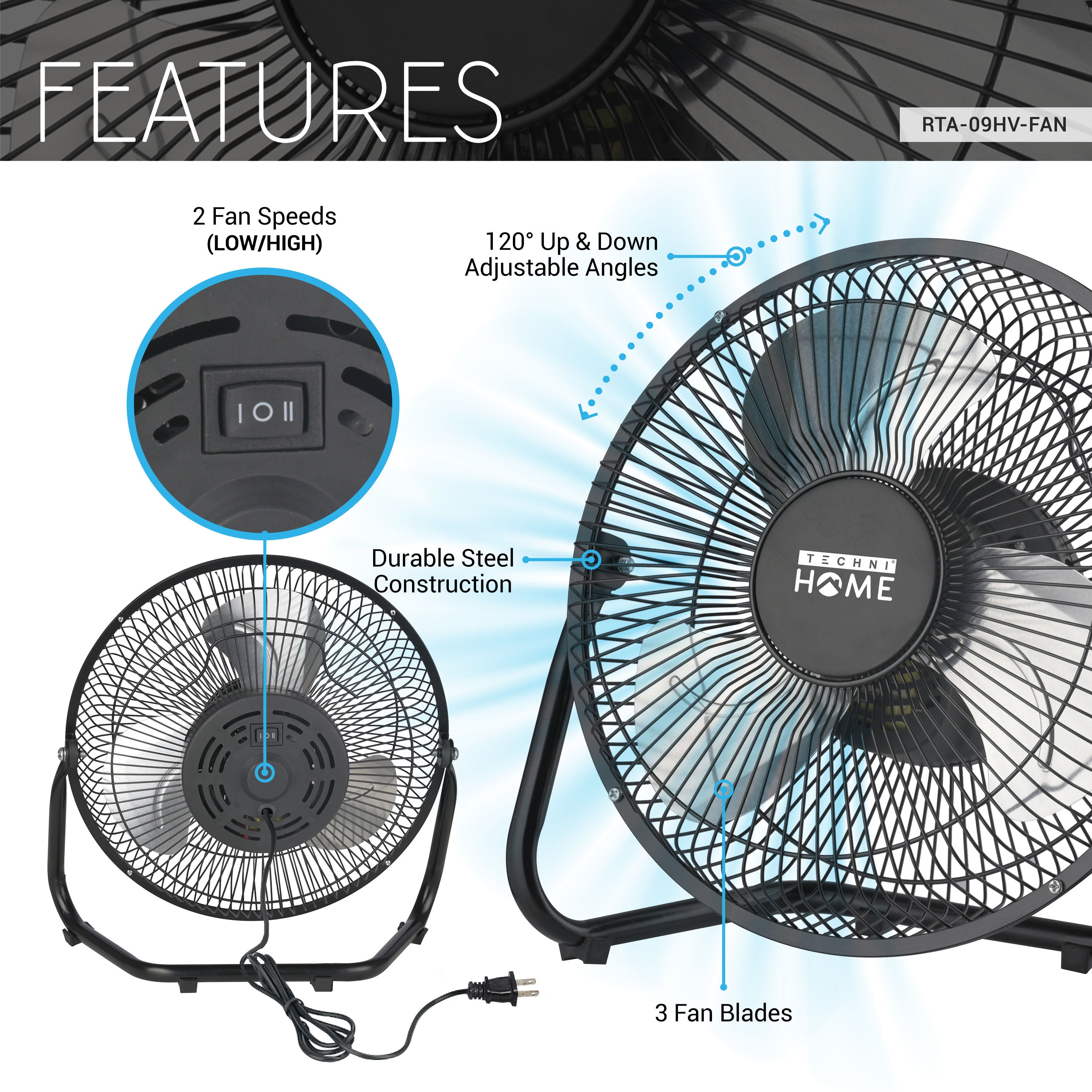9” 2-Speed High Velocity Electric Fan, Portable Fan with Adjustable Tilt for Home, Office & Garage Cooling