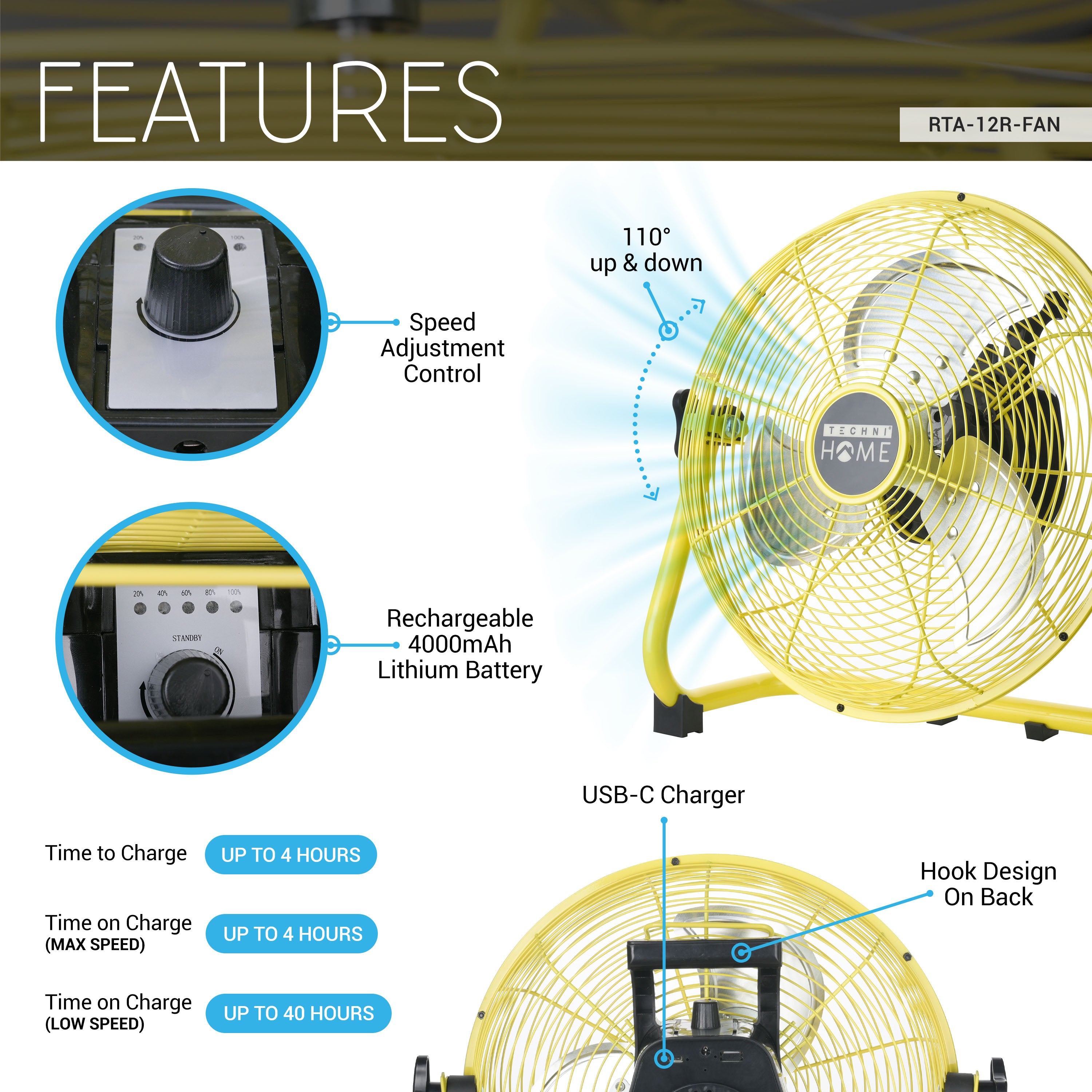 12” Rechargeable 4000mAh High Velocity Cordless Fan with Up to 40-Hour Runtime, Ideal for Camping, Emergency Use, or Home Cooling
