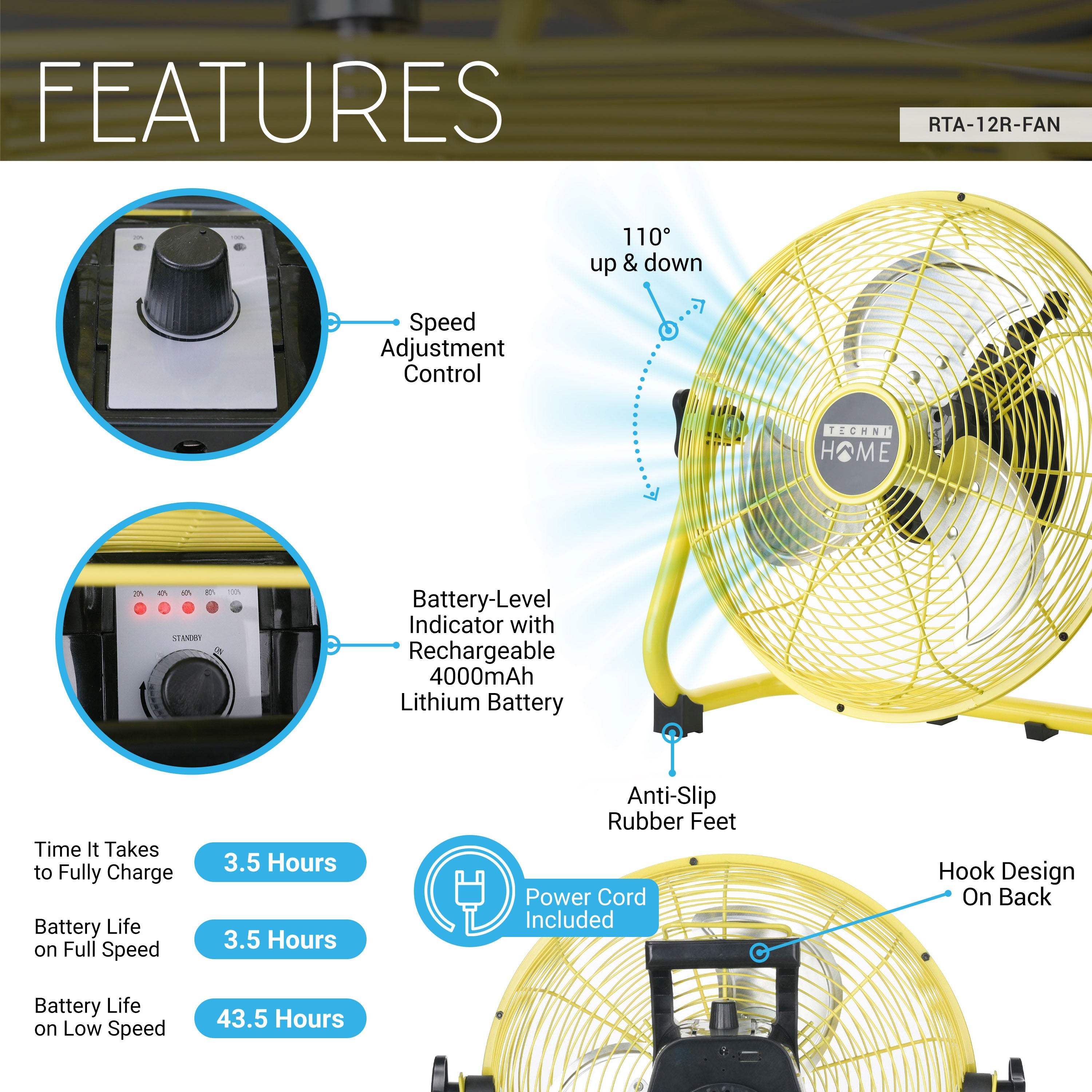 12” Rechargeable 4000mAh High Velocity Cordless Fan with Up to 43.5-Hour Runtime, Ideal for Camping, Emergency Use, or Home Cooling