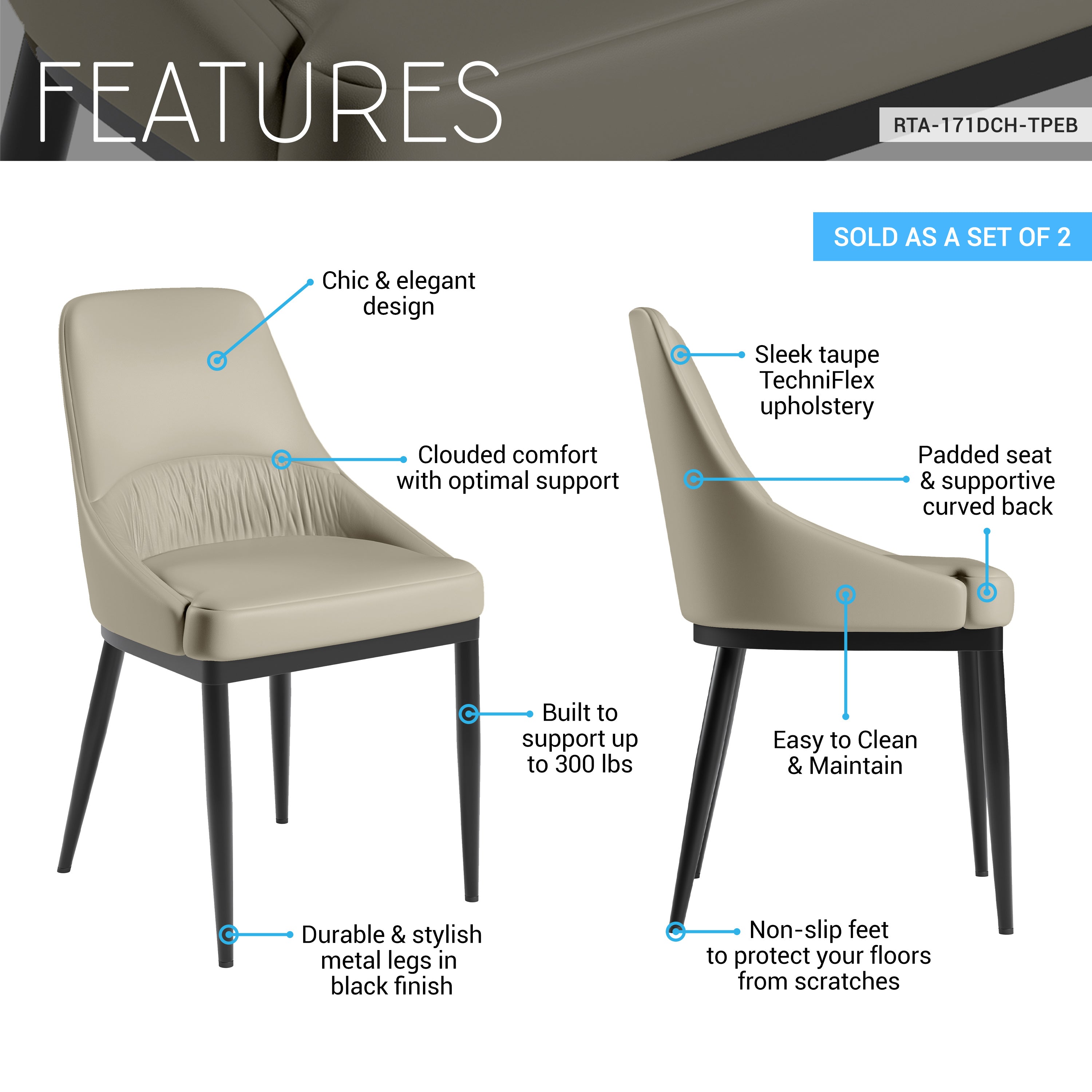 Armless Taupe Dining Chairs with Black Legs – Set of 2