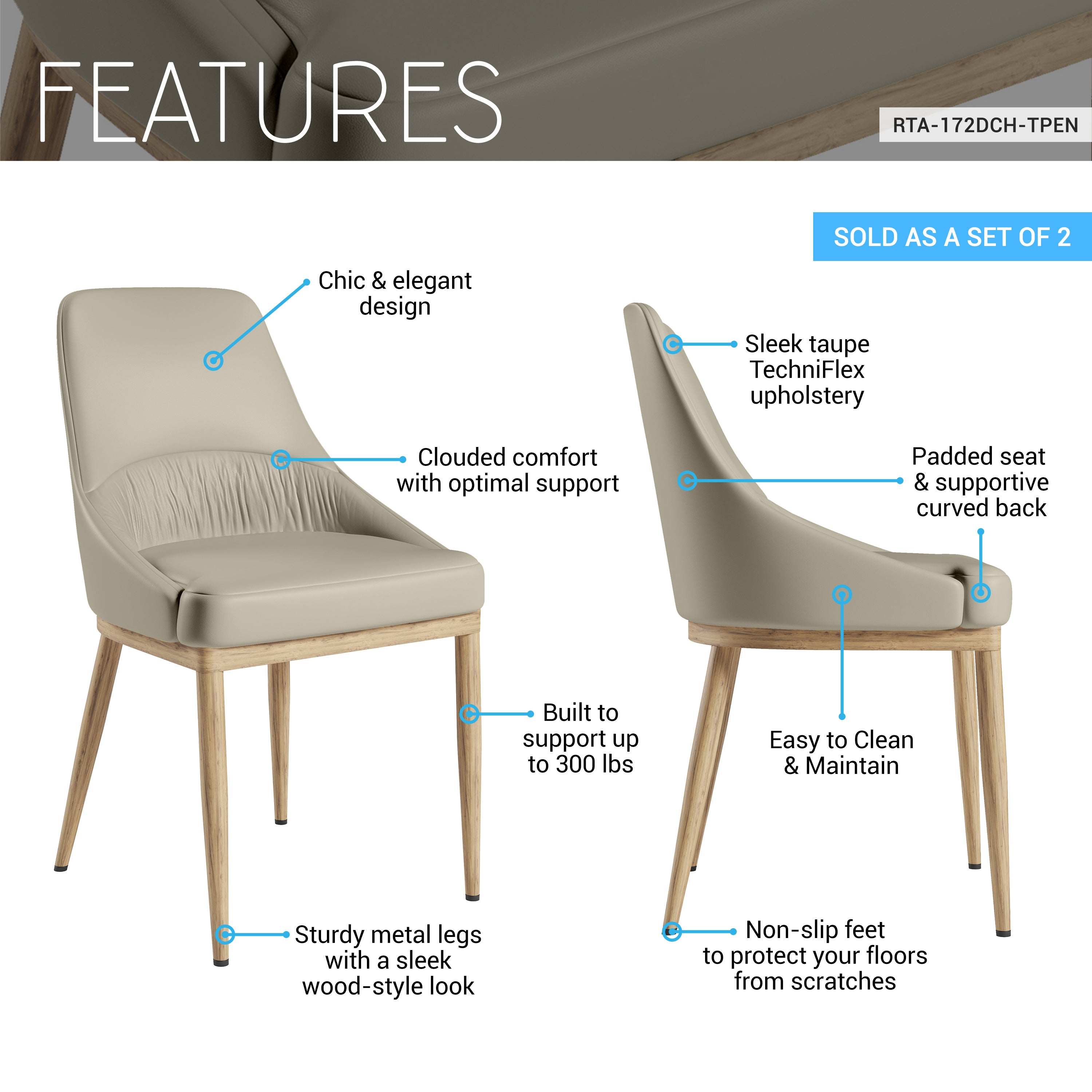 Armless Taupe Dining Chairs with Wood-Look Legs – Set of 2