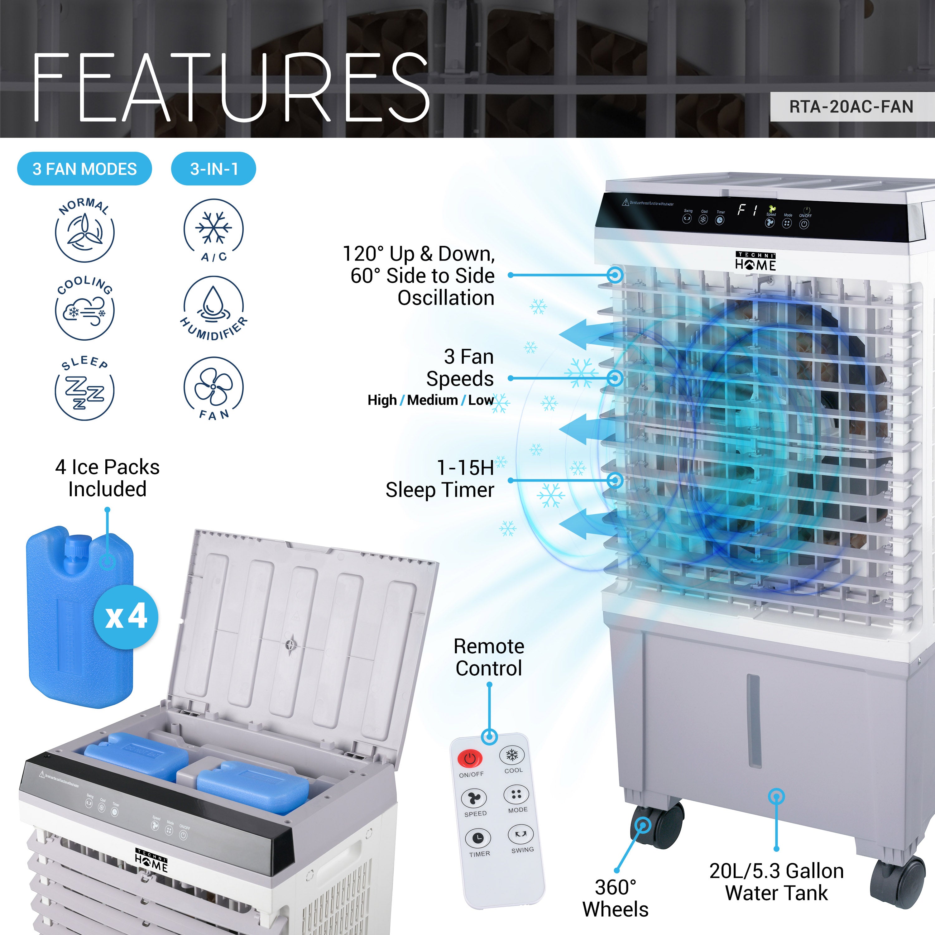 3-in-1 Evaporative Cooler, Air Conditioner & Humidifier with 5.3 Gallon Tank for Home or Commercial Use