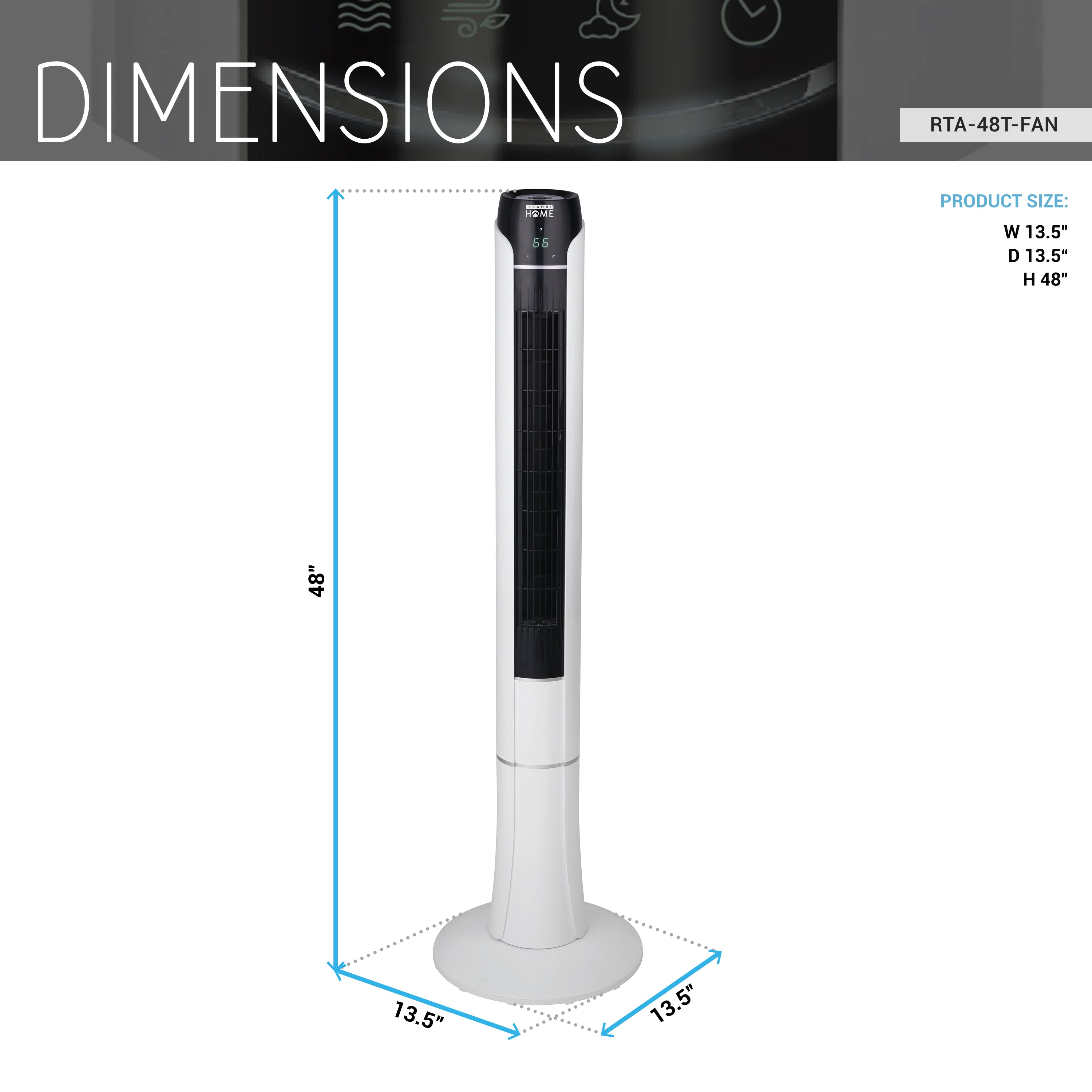 48” Tower Fan for Bedroom or Office with LED Display, 3 Wind Speeds and Modes, Remote Control