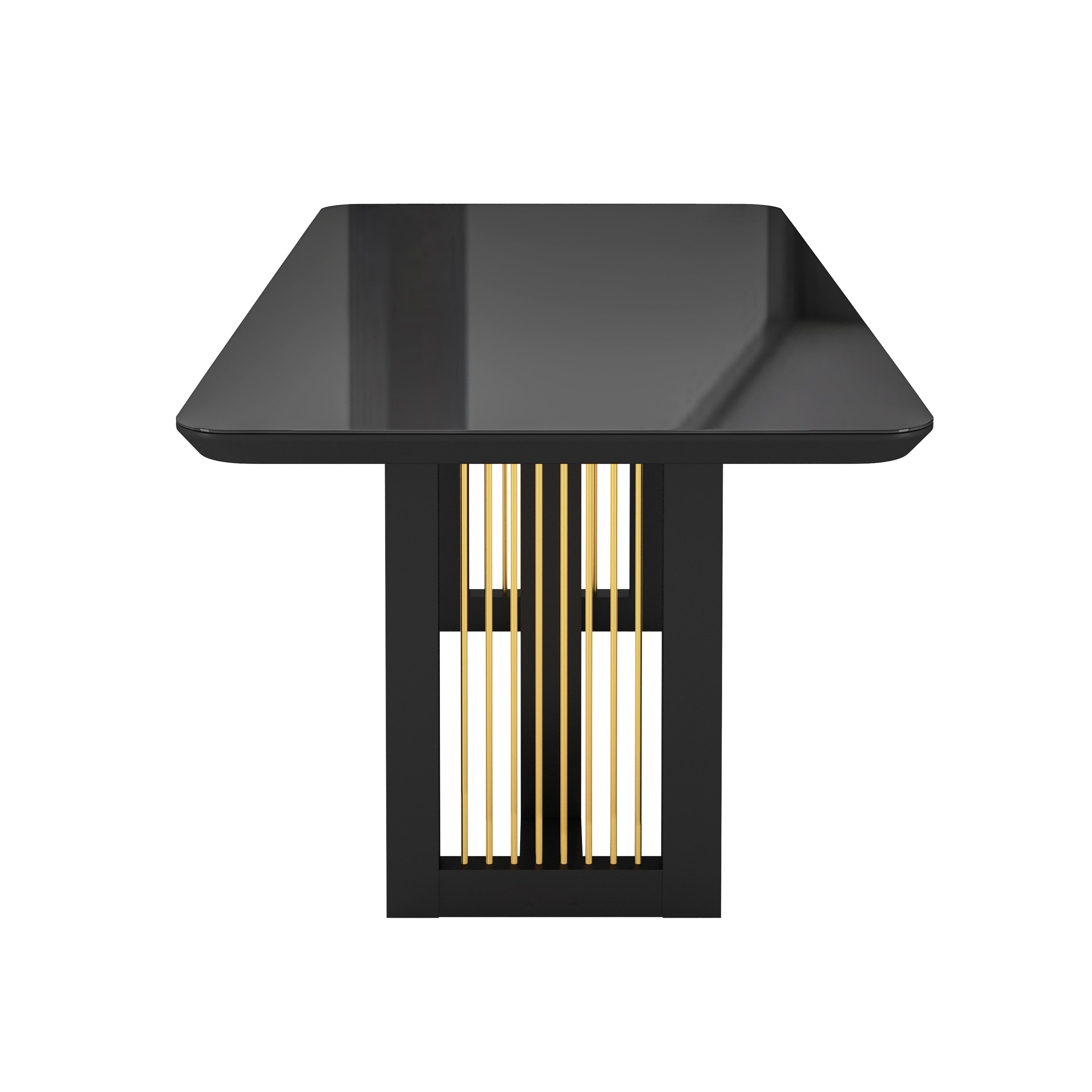 Modern Black Dining Table for 6 with Painted Glass Top and Gold Accents for Contemporary Dining Rooms Dresser