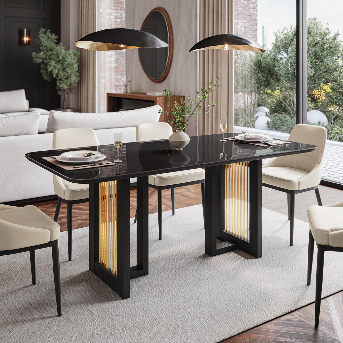 Modern Black Dining Table for 6 with Painted Glass Top and Gold Accents for Contemporary Dining Rooms Dresser
