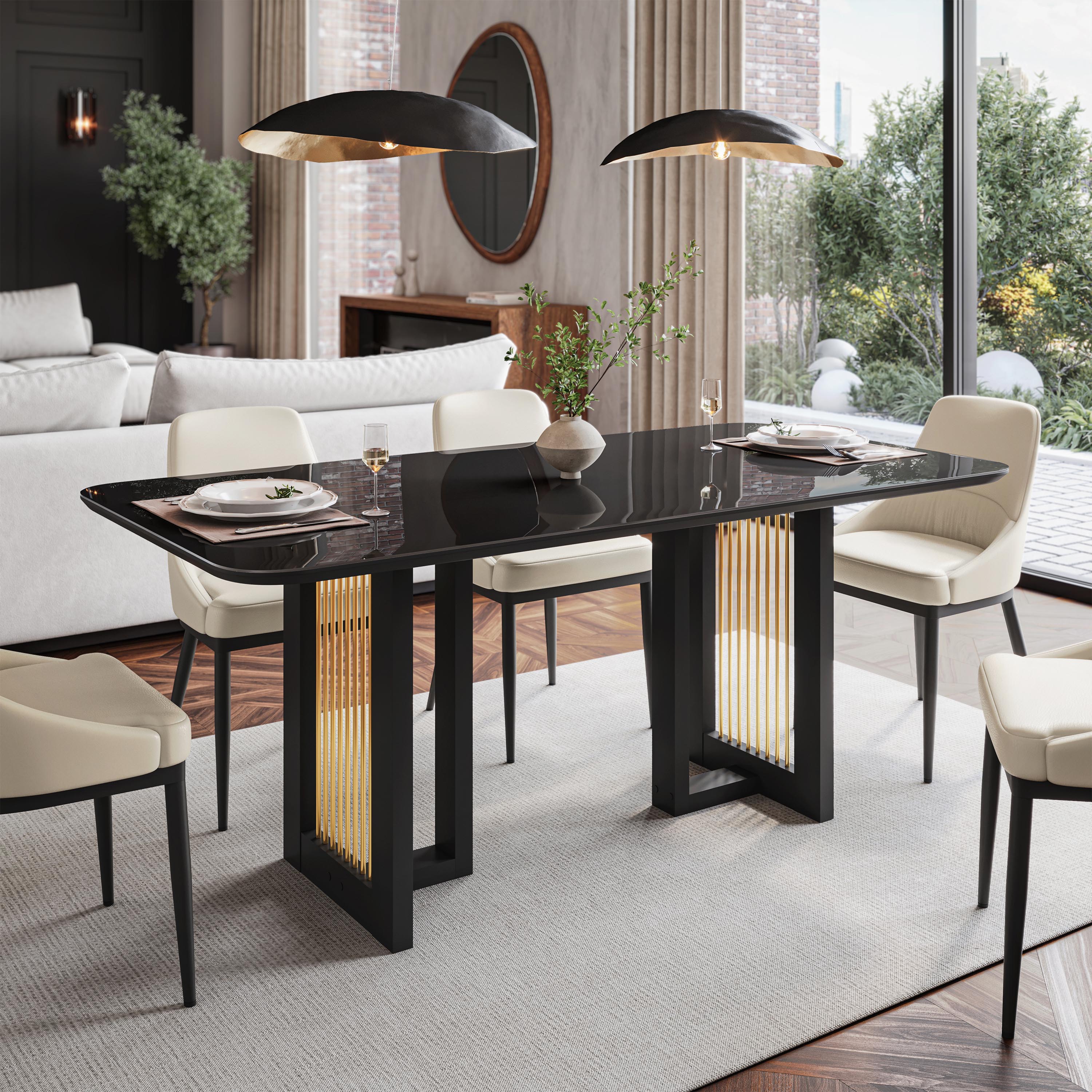 Modern Black Dining Table for 6 with Painted Glass Top and Gold Accents for Contemporary Dining Rooms Dresser