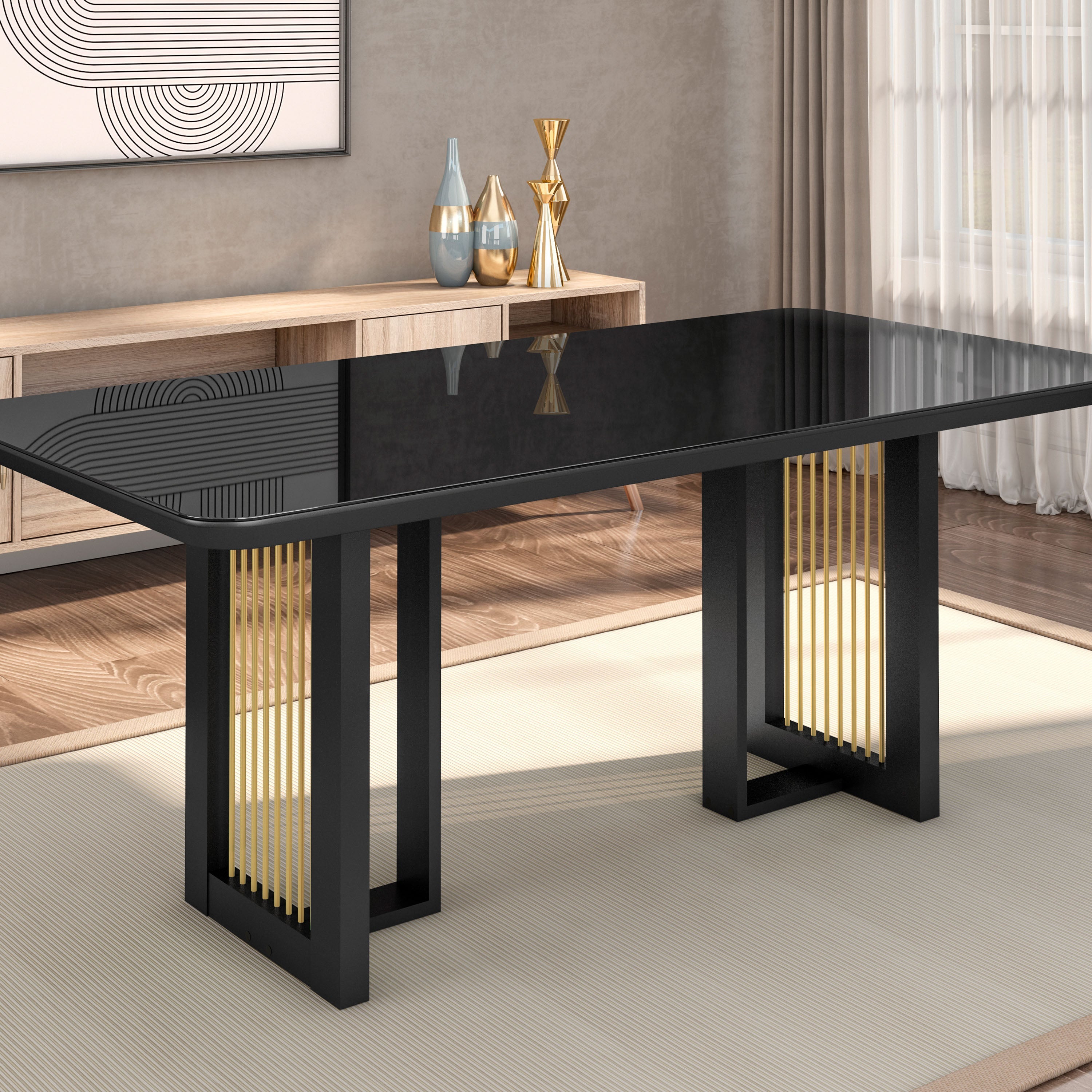 Modern Black Dining Table for 6 with Painted Glass Top and Gold Accents for Contemporary Dining Rooms Dresser