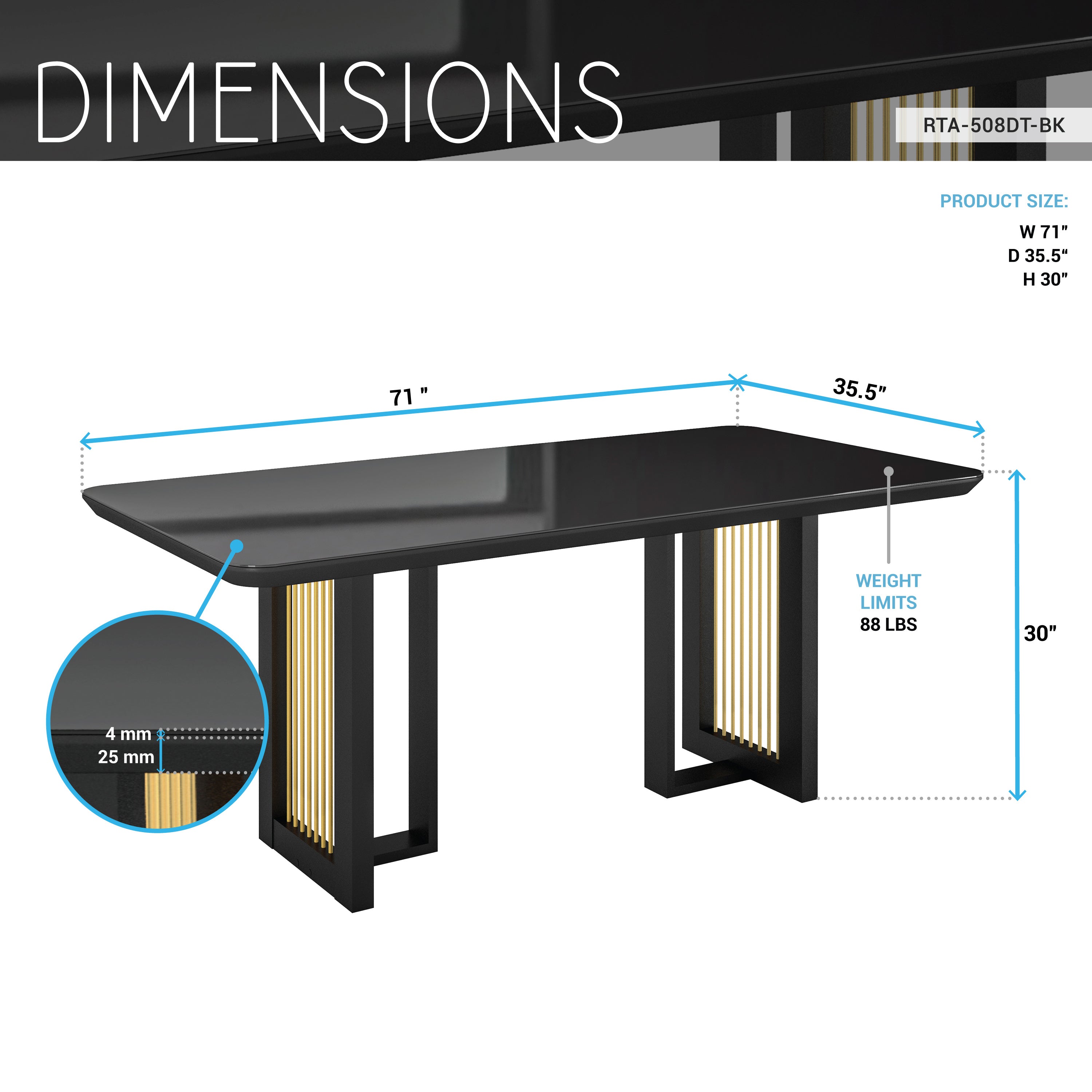 Modern Black Dining Table for 6 with Painted Glass Top and Gold Accents for Contemporary Dining Rooms