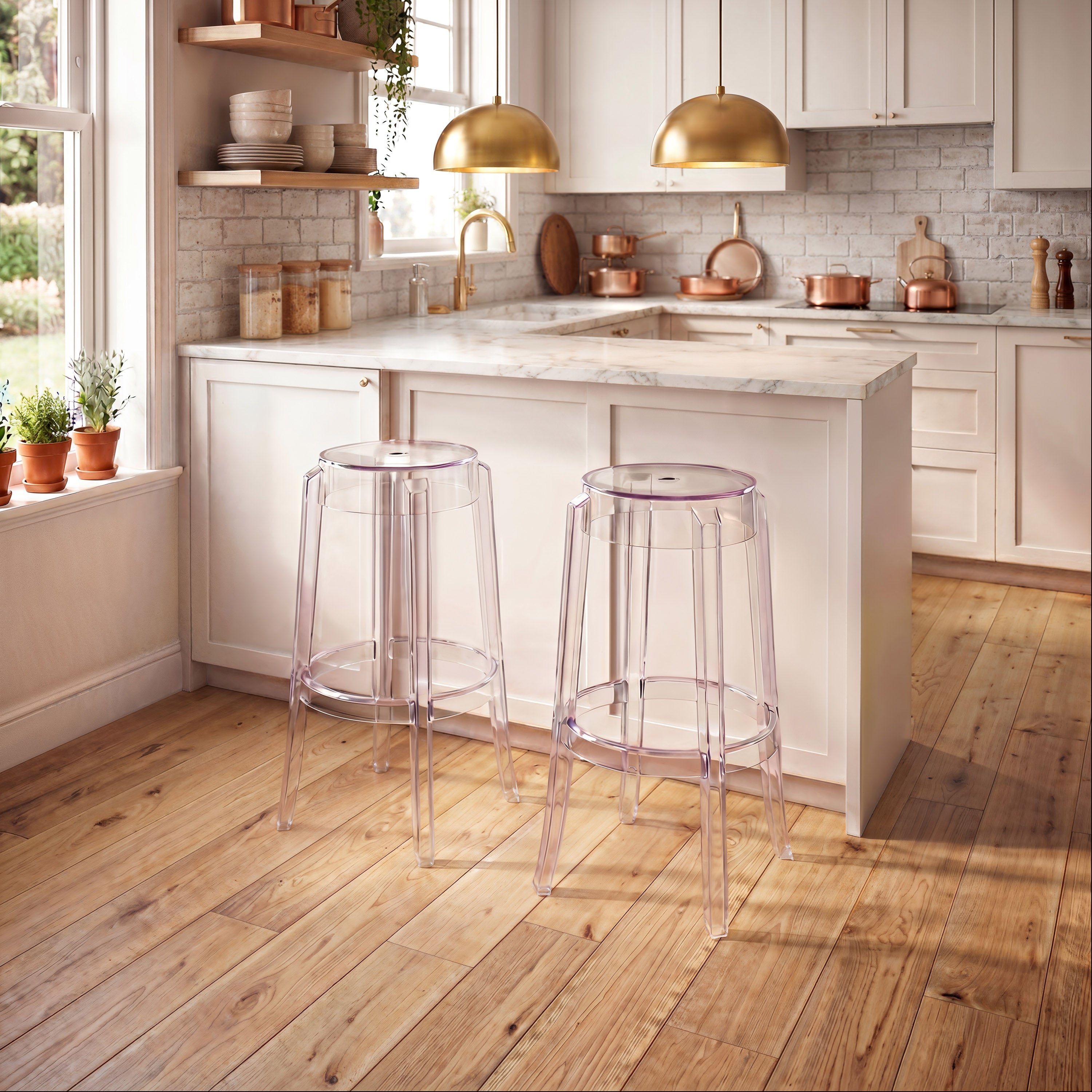 Clear Plastic Stackable Bar Stools Set of 2, Modern Transparent Bar Height Stools, Ghost Chair Inspired Clear Plastic Bar Chairs for Home Bar, Kitchen Island, Dining Room, Restaurant, Café