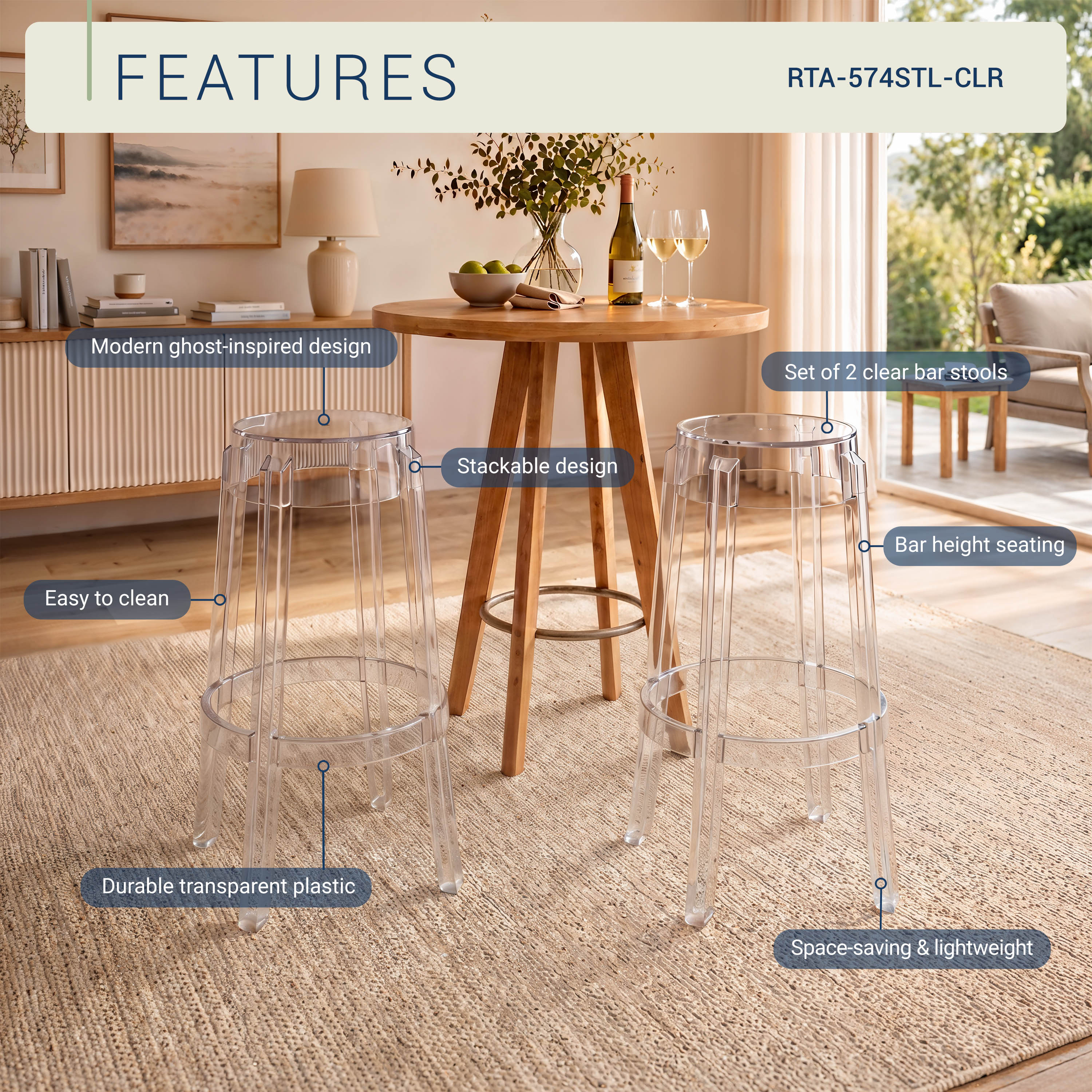 Clear Plastic Stackable Bar Stools Set of 2, Modern Transparent Bar Height Stools, Ghost Chair Inspired Clear Plastic Bar Chairs for Home Bar, Kitchen Island, Dining Room, Restaurant, Café