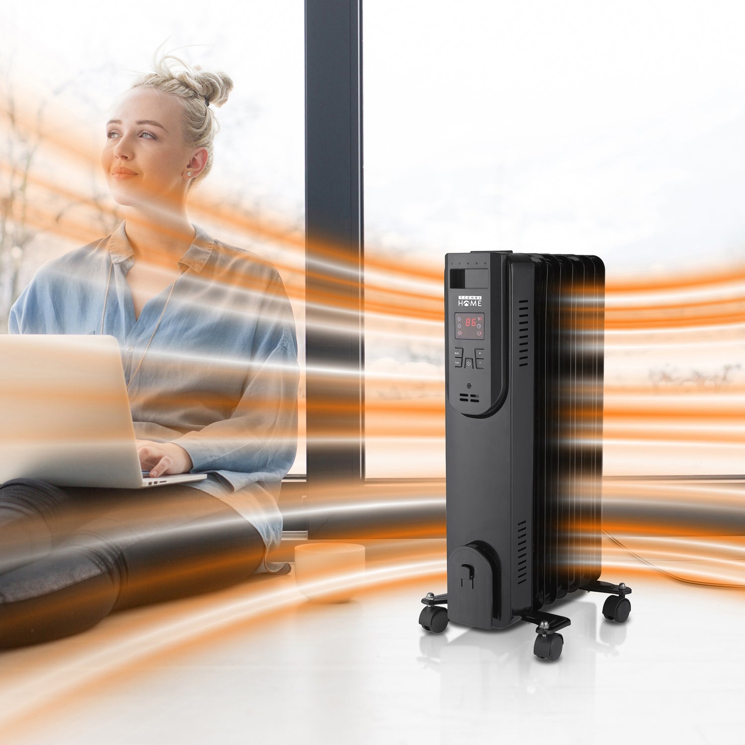 Oil Space Heater with Remote Control, Portable Radiator Heater with 7 Oil-Filled Fins Indoor Uses, 3 Heat Settings, Thermostat, Tip-Over Protection