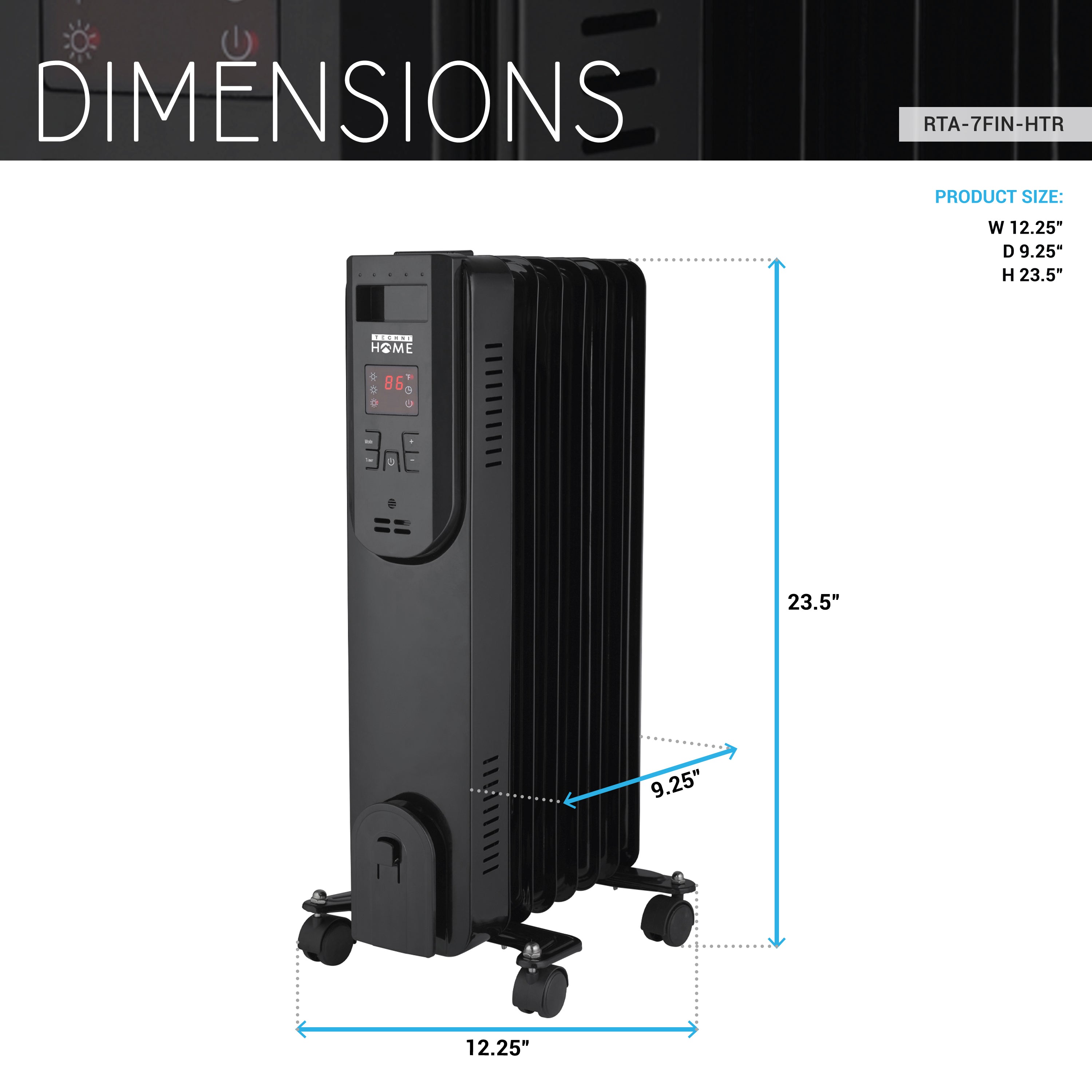 Oil Space Heater with Remote Control, Portable Radiator Heater with 7 Oil-Filled Fins Indoor Uses, 3 Heat Settings, Thermostat, Tip-Over Protection