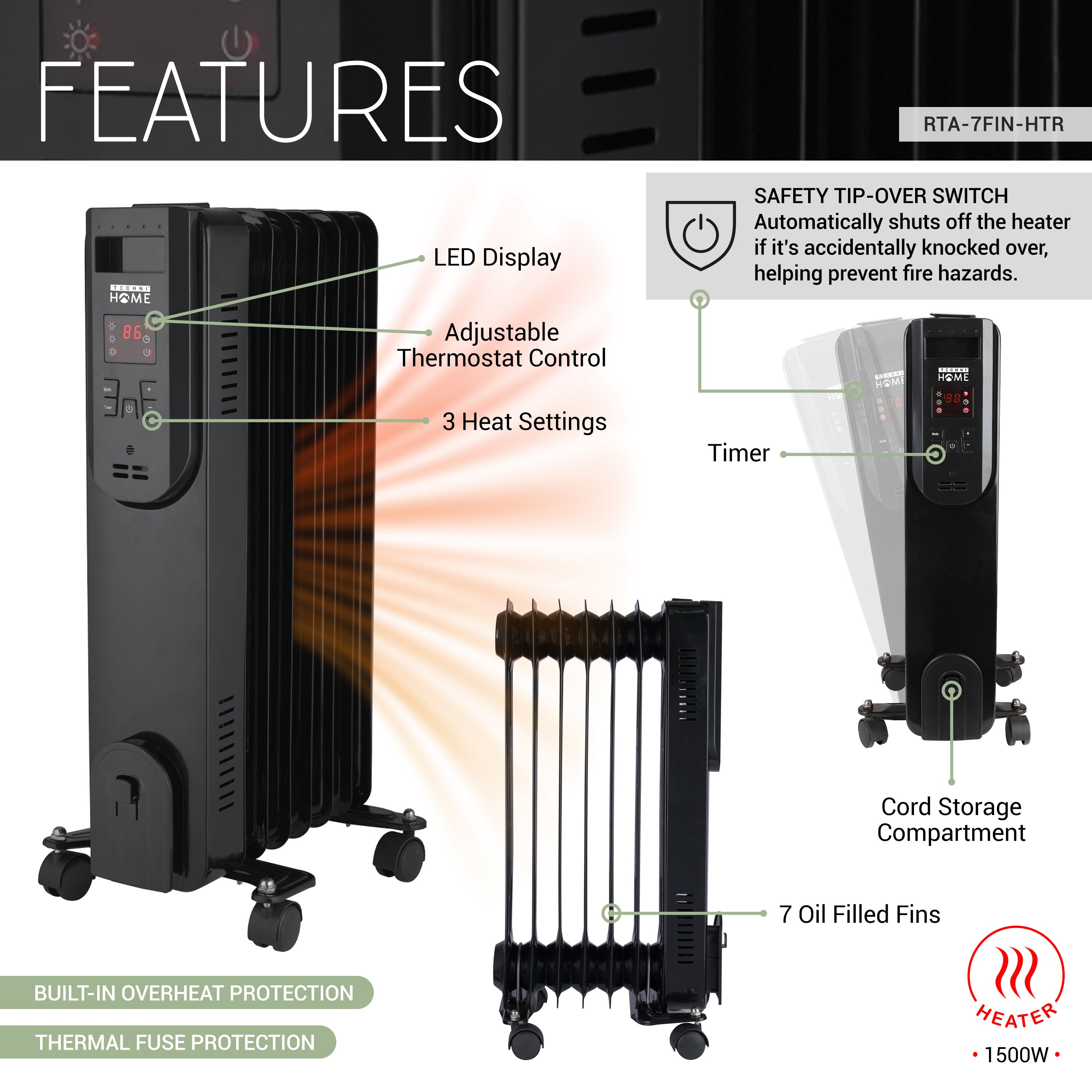 Oil Space Heater with Remote Control, Portable Radiator Heater with 7 Oil-Filled Fins Indoor Uses, 3 Heat Settings, Thermostat, Tip-Over Protection