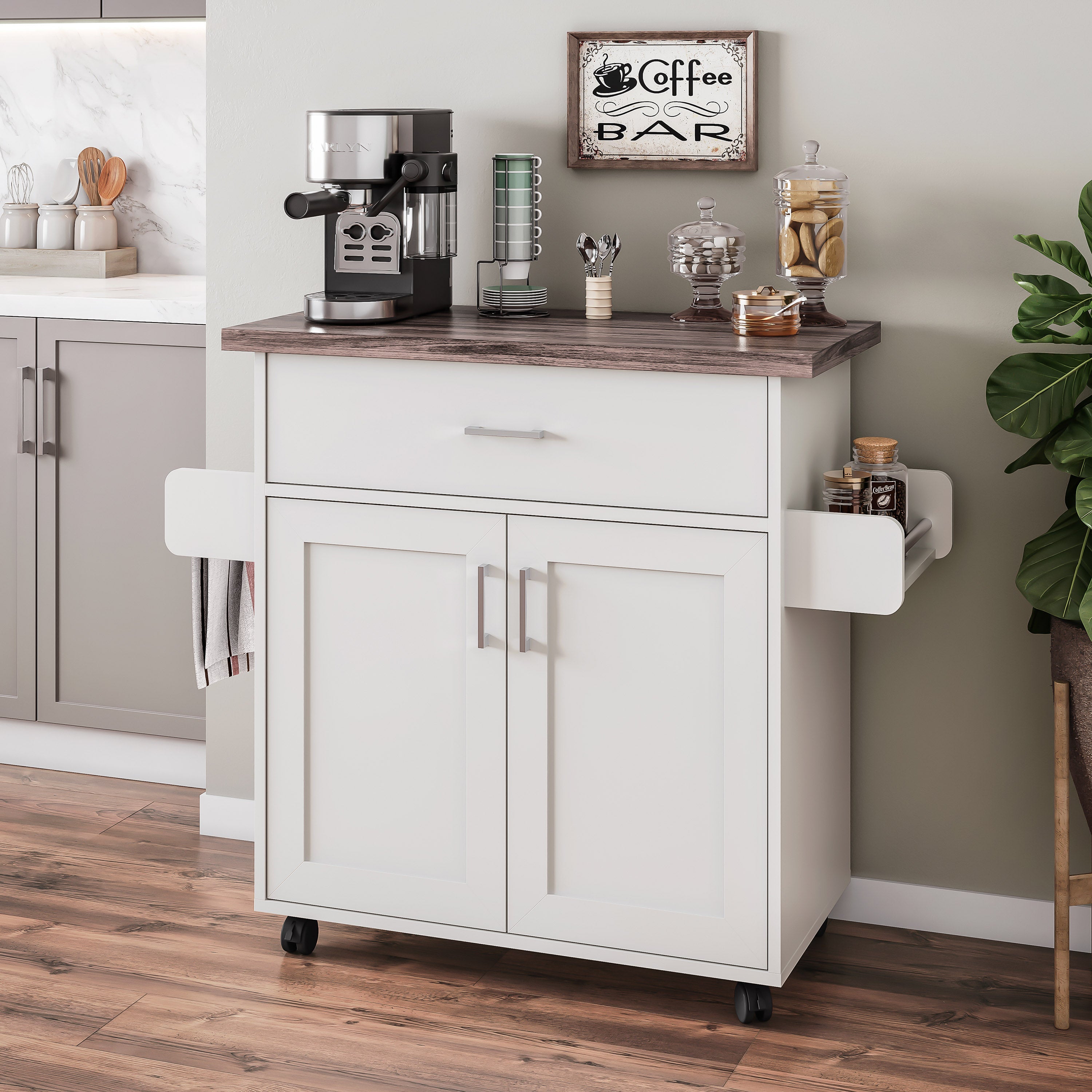 Deluxe Mobile Kitchen Island Cart with Water-Resistant Top Storage Cabinets with Adjustable Shelves and Towel & Spice