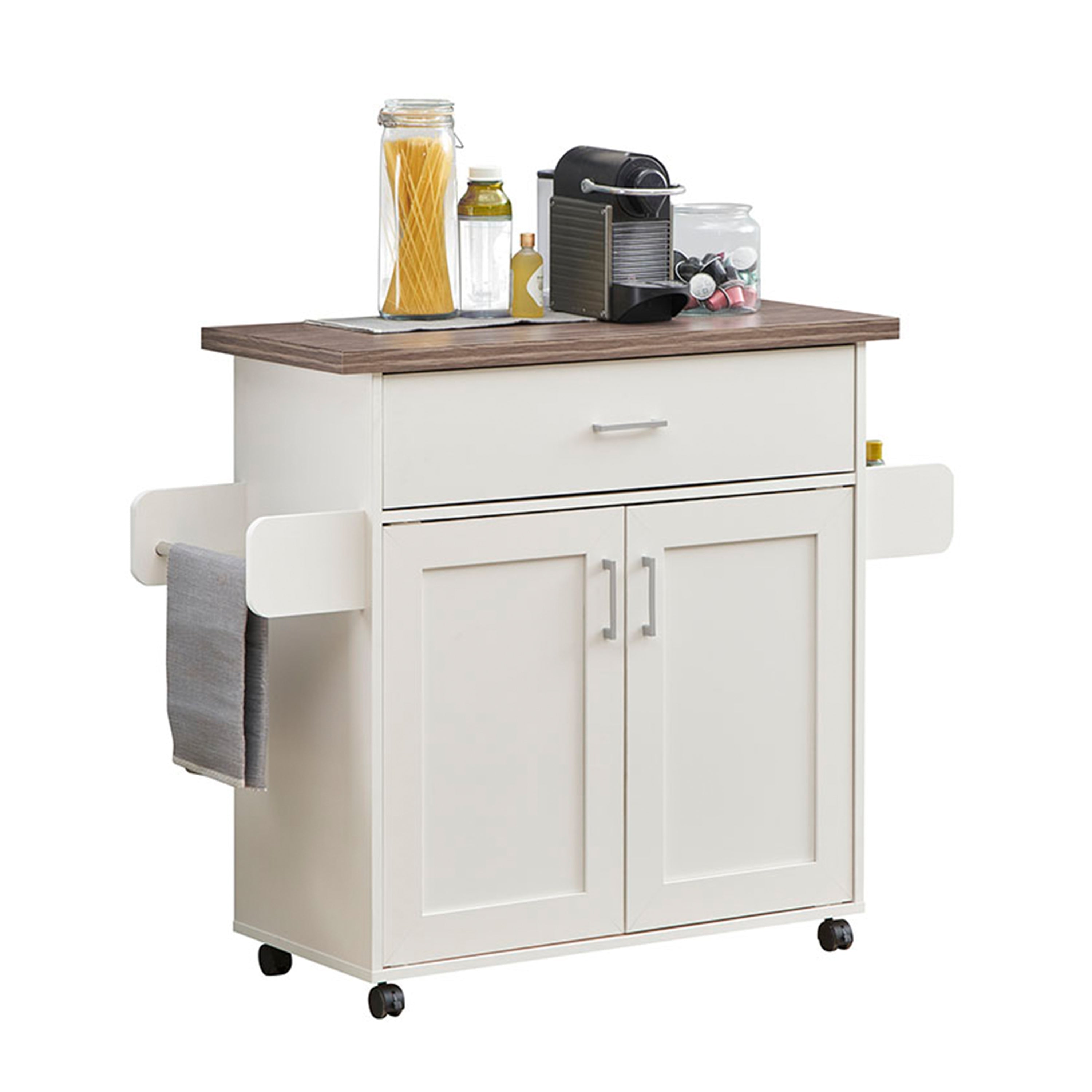 Deluxe Mobile Kitchen Island Cart with Water-Resistant Top Storage Cabinets with Adjustable Shelves and Towel & Spice