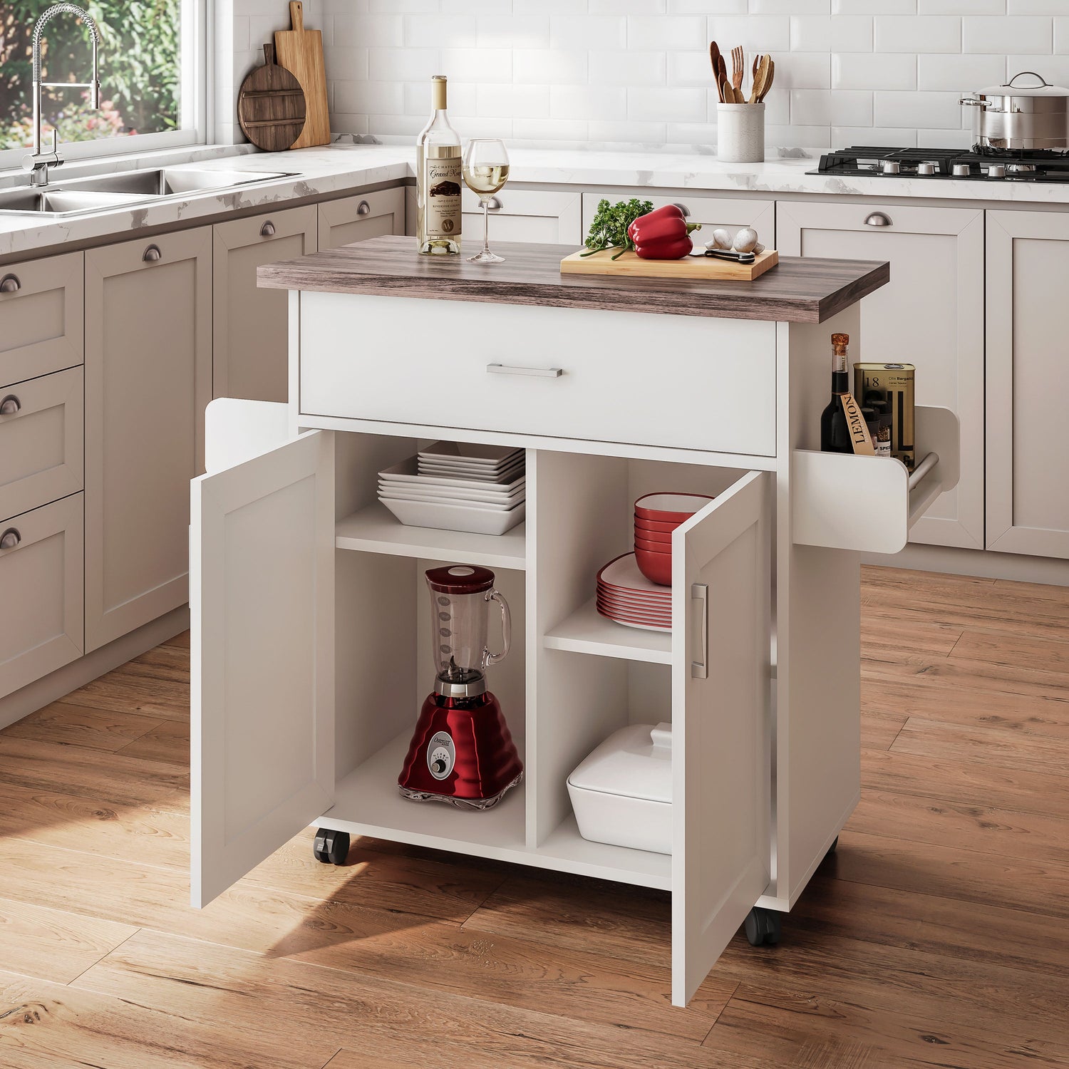 Deluxe Mobile Kitchen Island Cart with Water-Resistant Top Storage Cabinets with Adjustable Shelves and Towel & Spice
