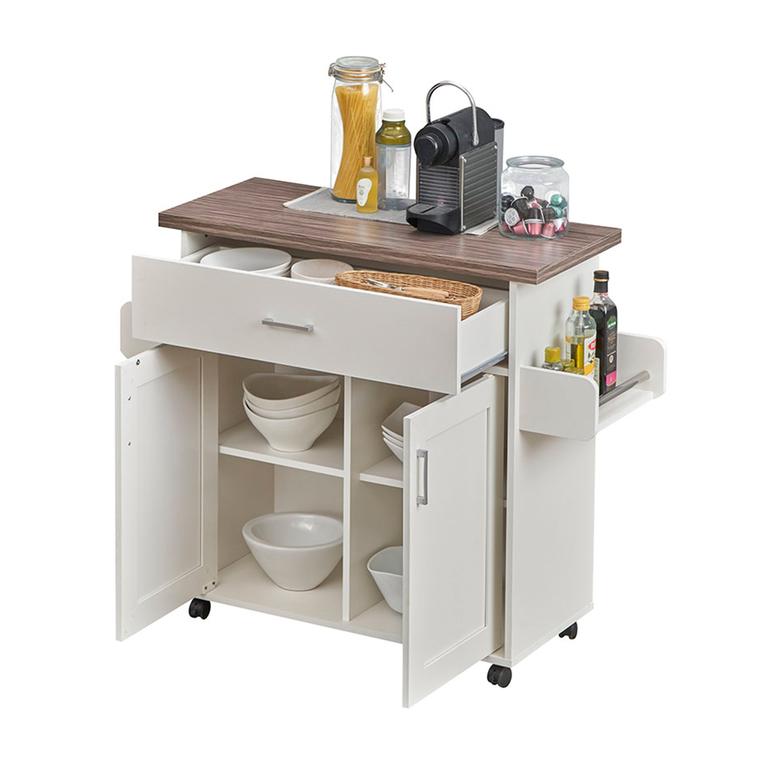 Deluxe Mobile Kitchen Island Cart with Water-Resistant Top Storage Cabinets with Adjustable Shelves and Towel & Spice