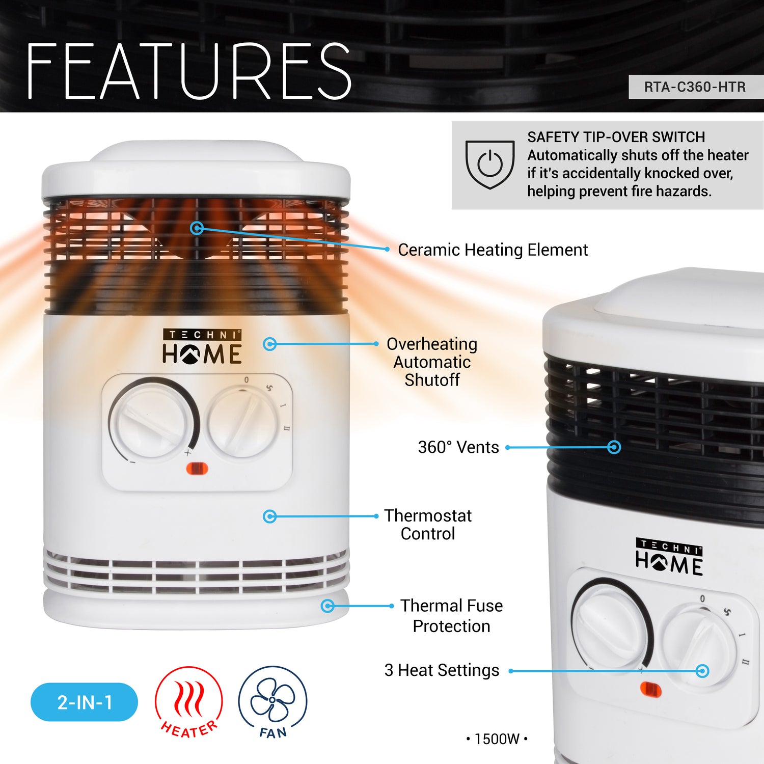 360 degree Ceramic Heater with Safety Tip-Over Shutoff and Overheat Protection