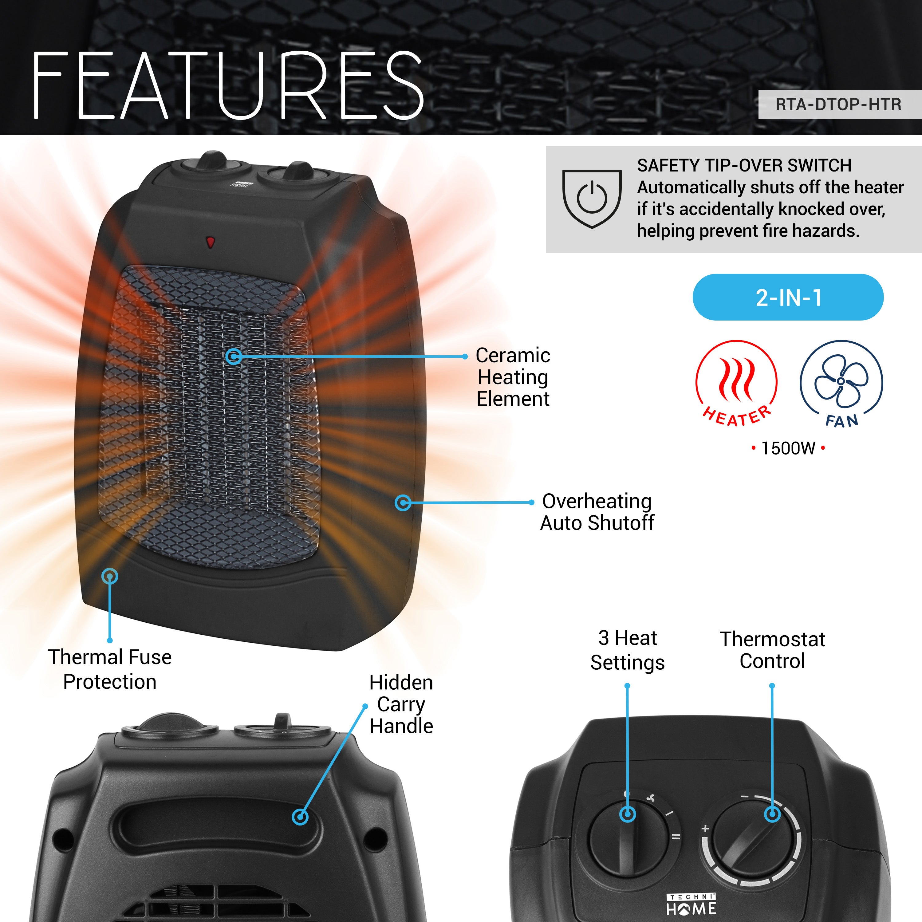Dual Comfort 2-in-1 Portable Space Heater & Fan, Energy-Efficient Electric Unit with Tip Over Shut Off Switch