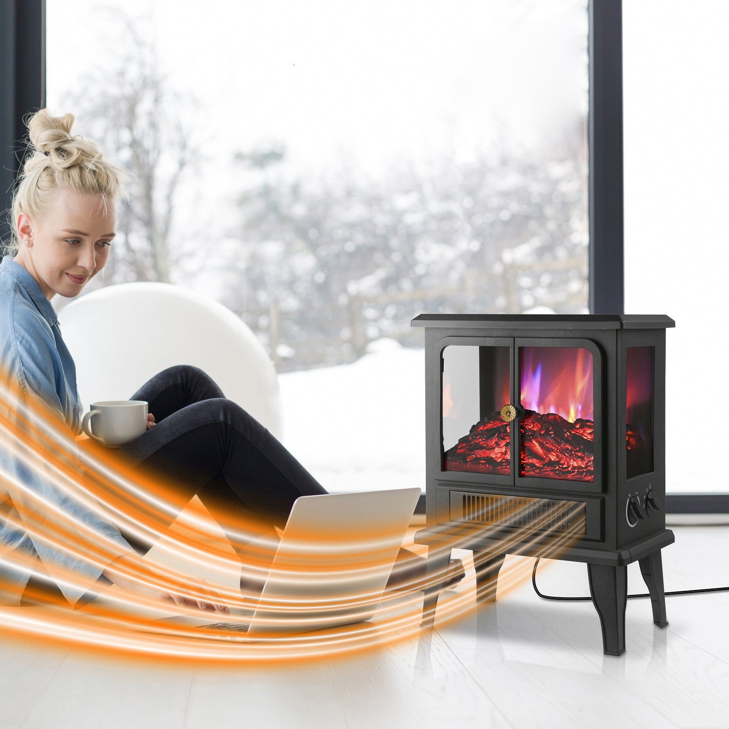 Freestanding Fireplace Heater with Flame Effects