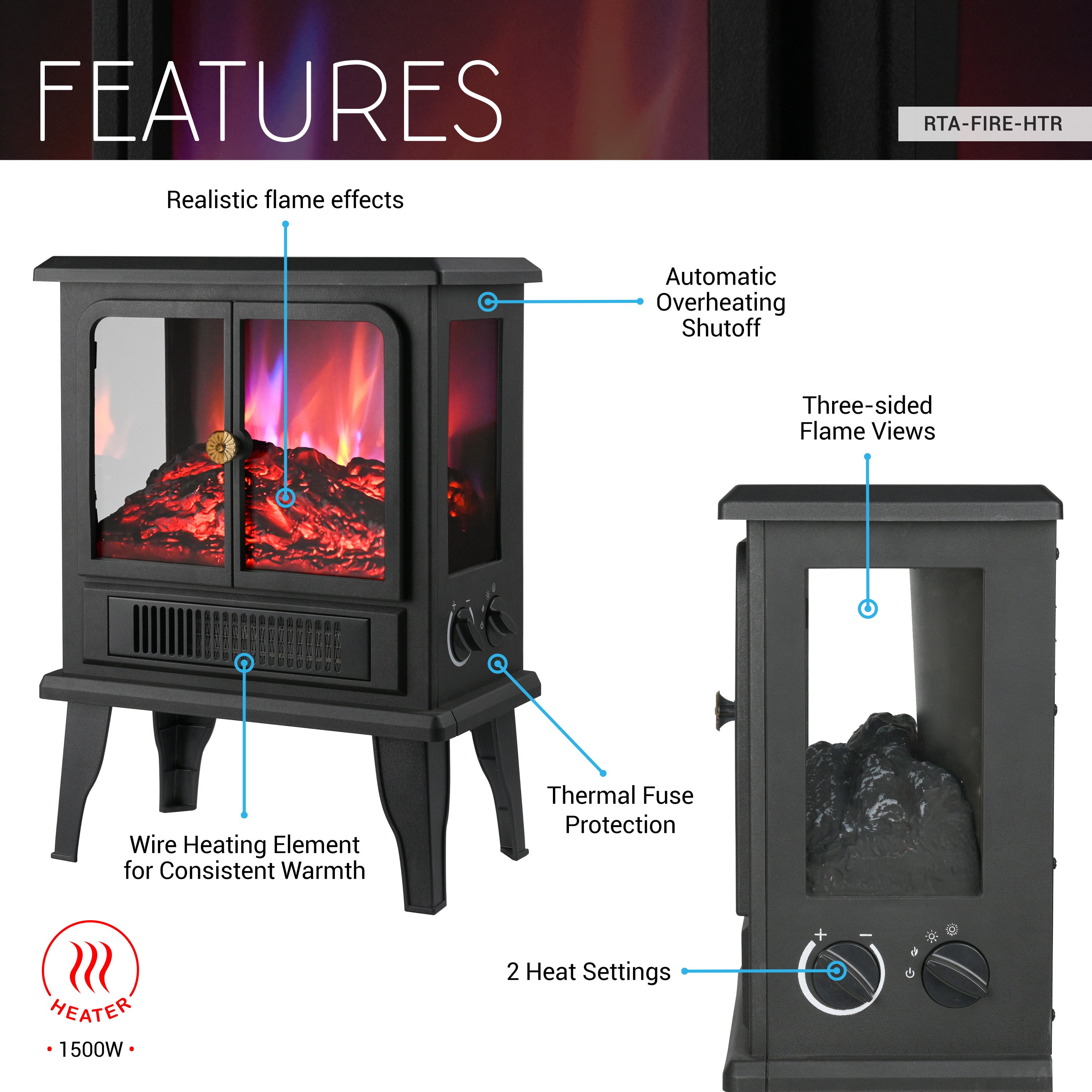 Freestanding Fireplace Heater with Flame Effects