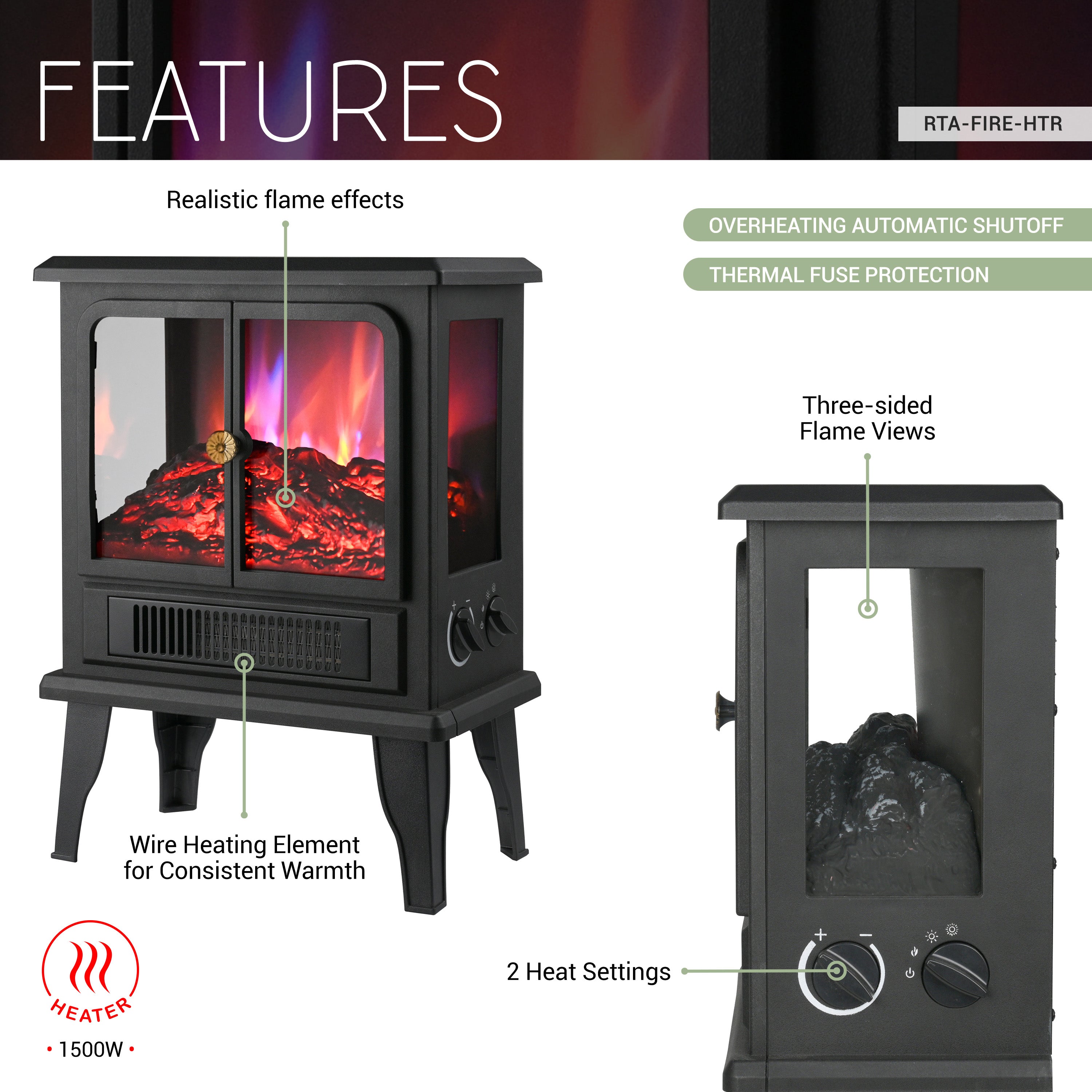 Freestanding Fireplace Heater with Flame Effects
