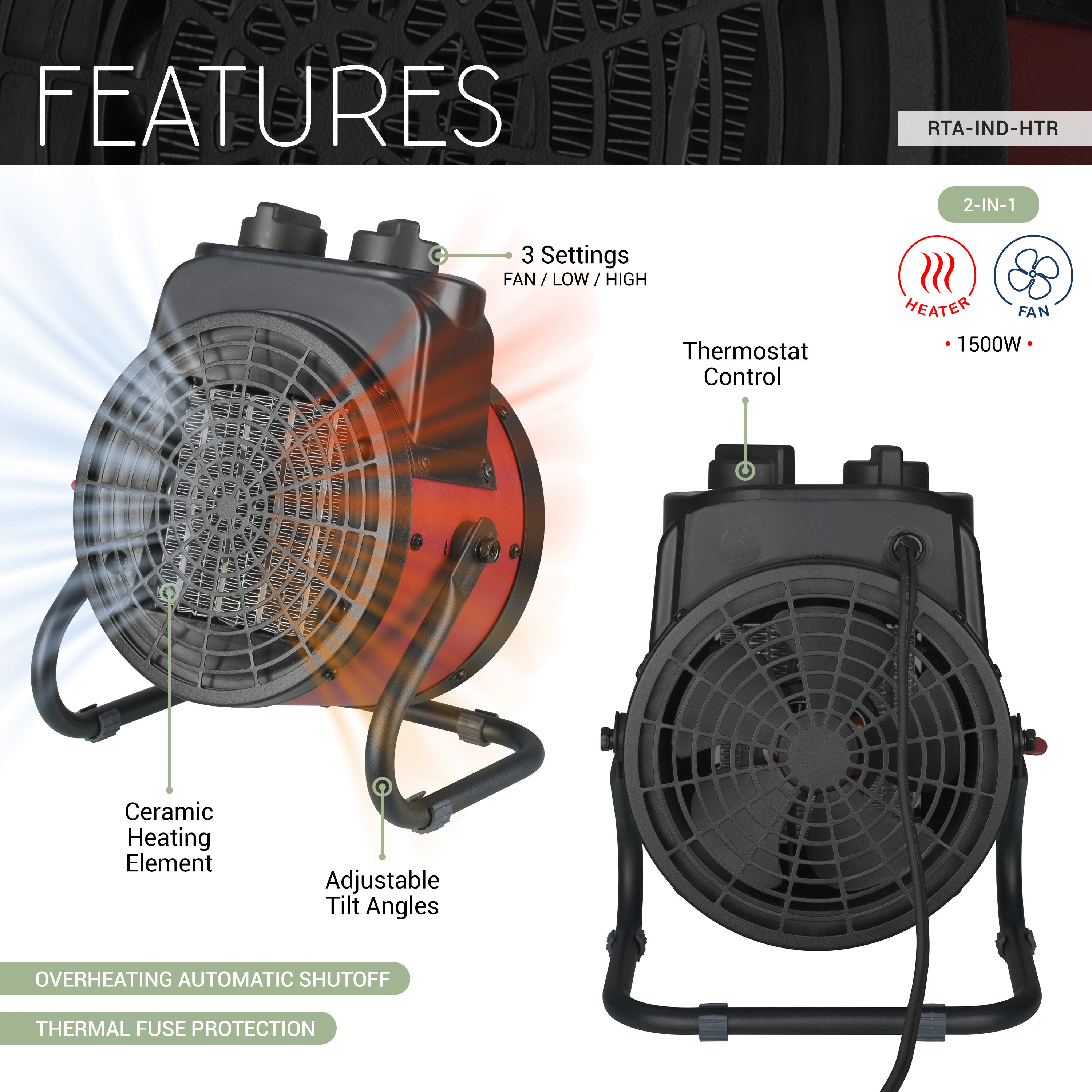 Electric Forced Air Heater with Ceramic Heating Element and Adjustable Tilt