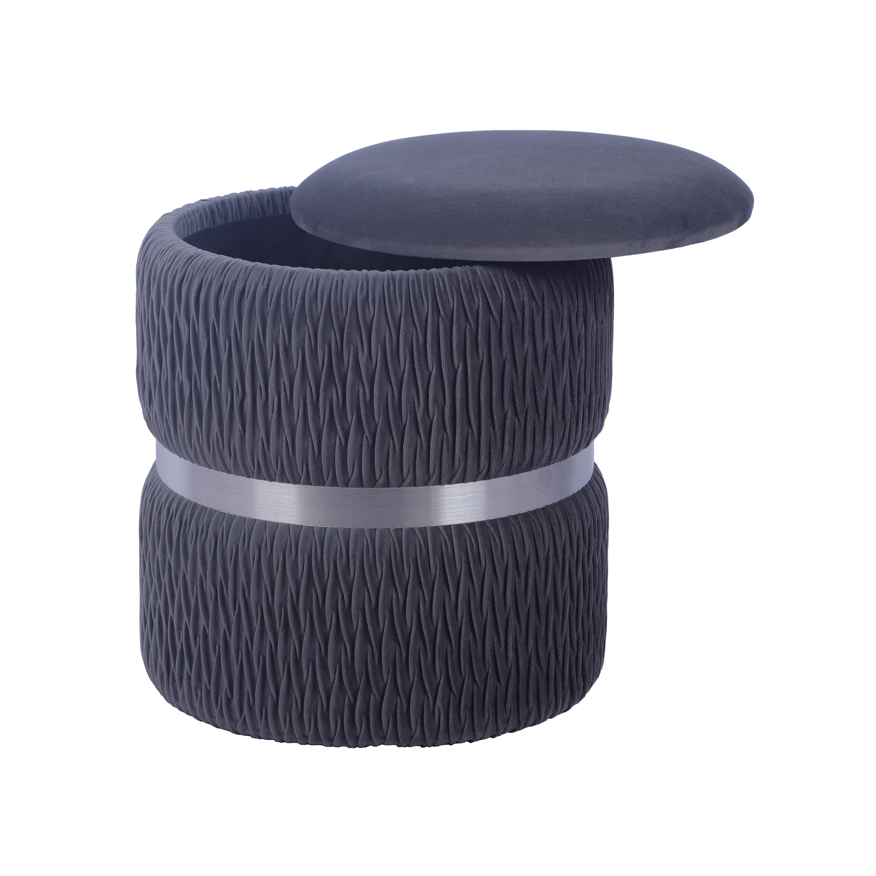 Modern Grey Velvet Round Ottoman with Storage Ottoman