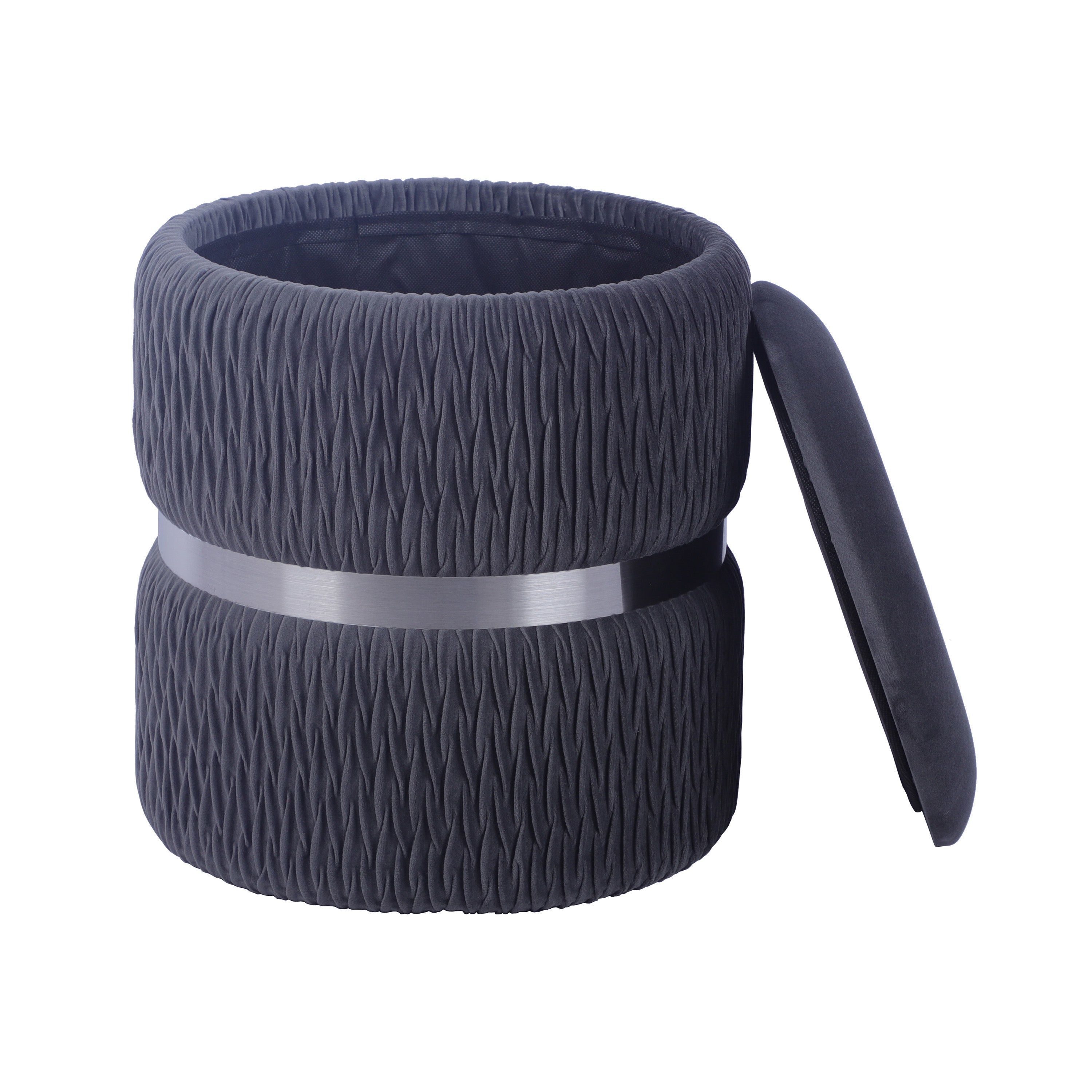 Modern Grey Velvet Round Ottoman with Storage Ottoman