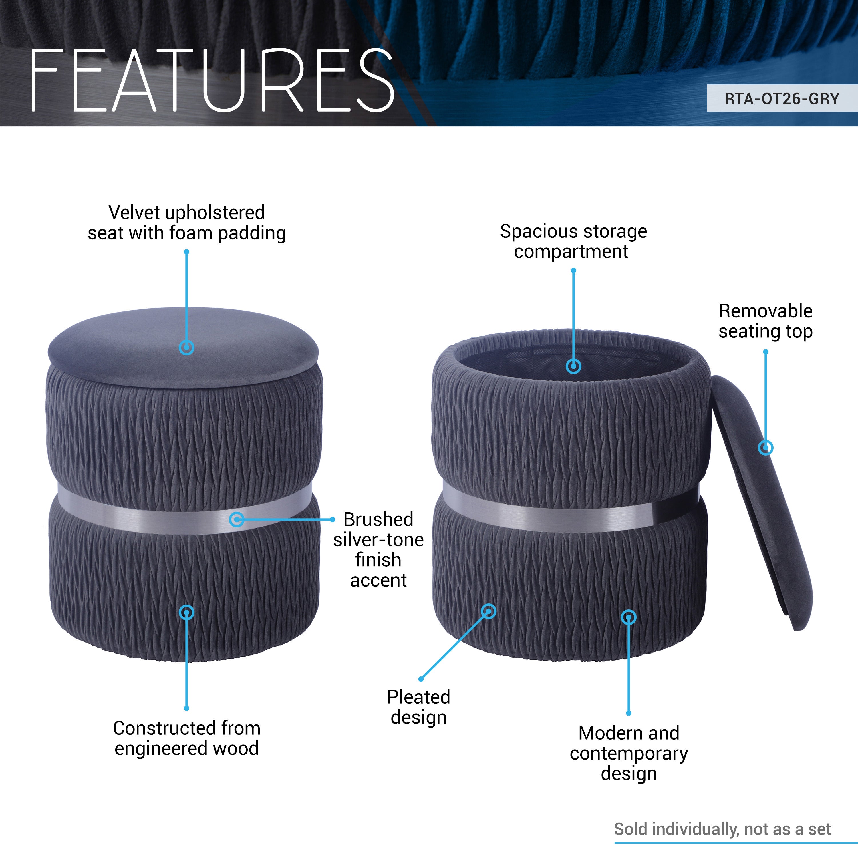 Modern Grey Velvet Round Ottoman with Storage