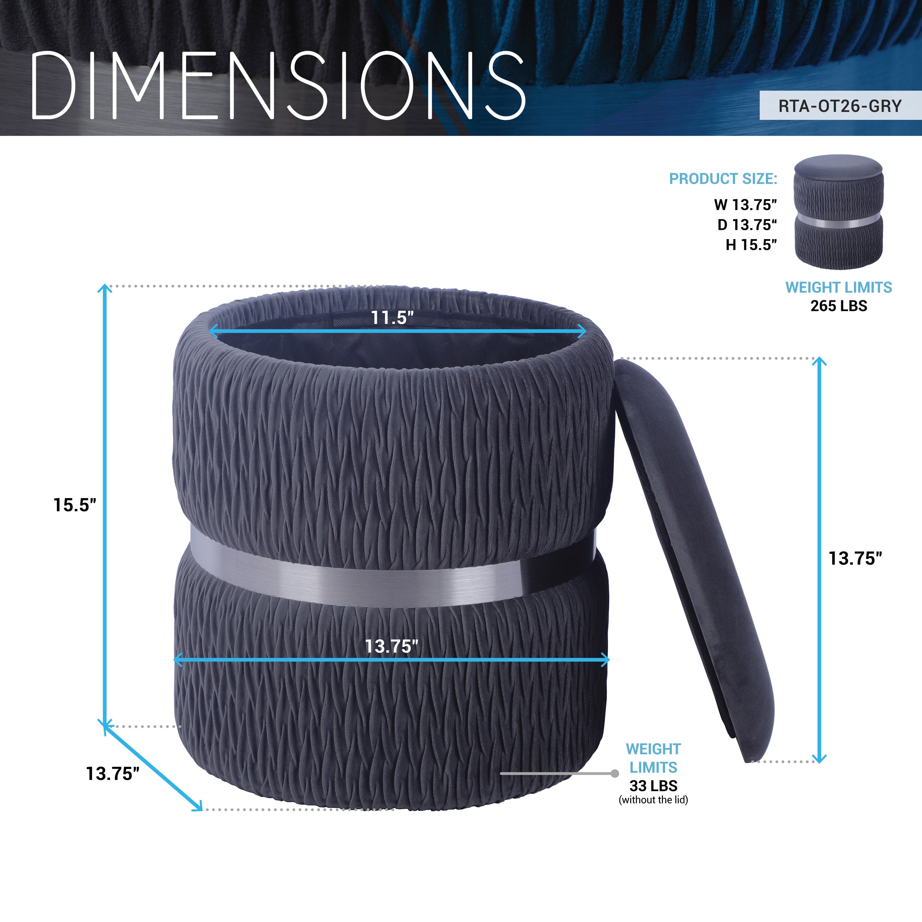 Modern Grey Velvet Round Ottoman with Storage