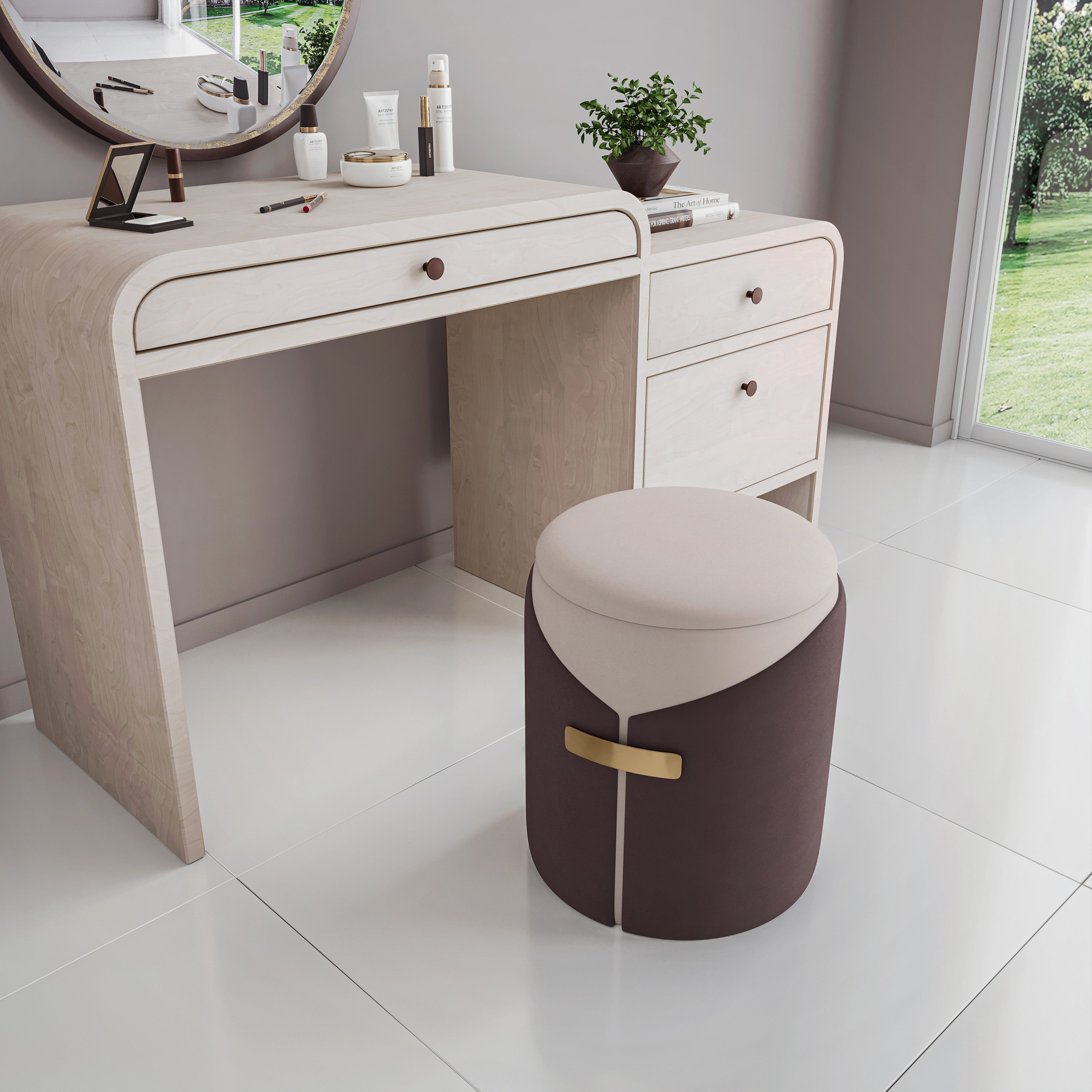 Two-Toned Vanity Stool Ottoman with Storage Ottoman