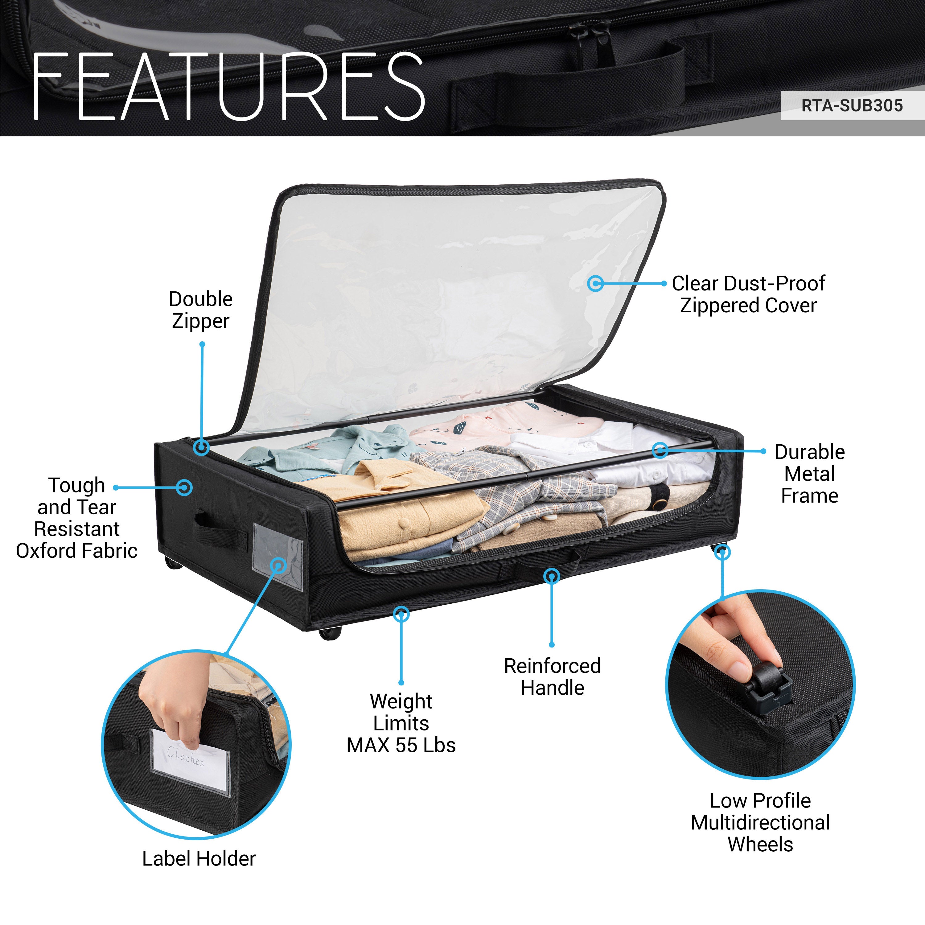 Rolling Under-Bed Storage Organizer with Clear Top, Space-Saving Design, and Multi-Directional Wheels – Perfect for Clothes, Shoes, and Household Items, Set of 2