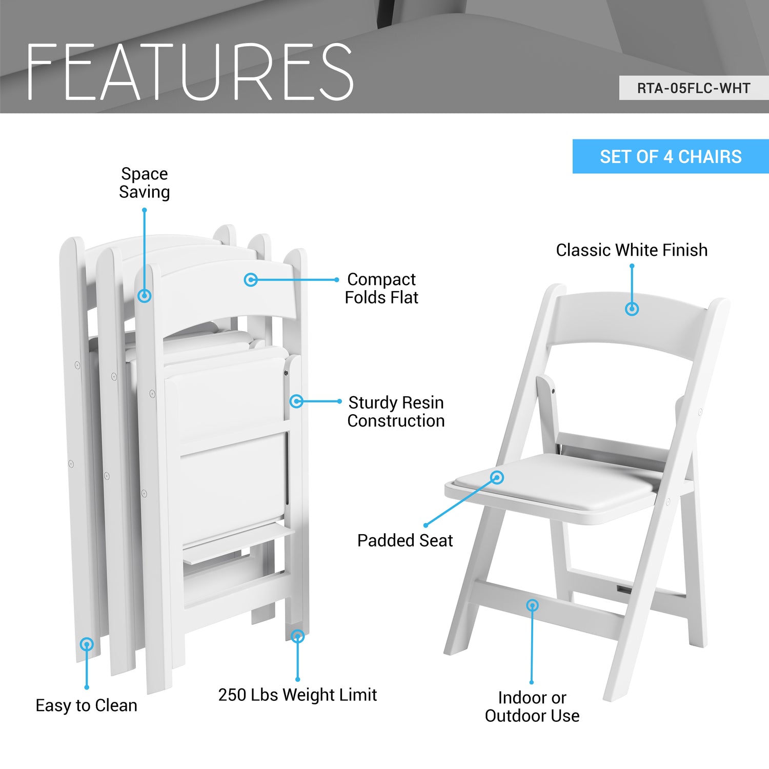 4-Pack White Resin Folding Chairs with Padded Seat