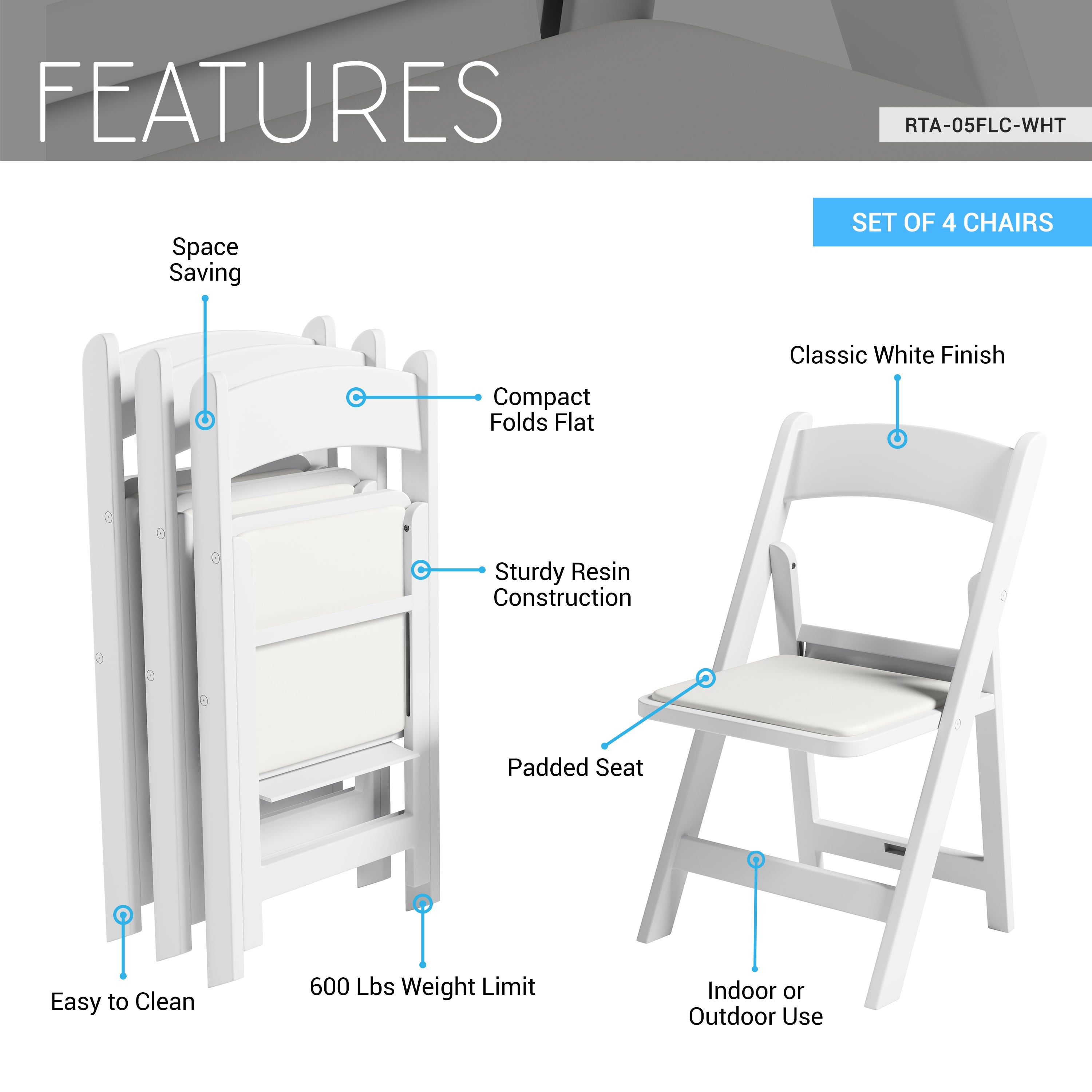 4-Pack White Resin Folding Chairs with Padded Seat