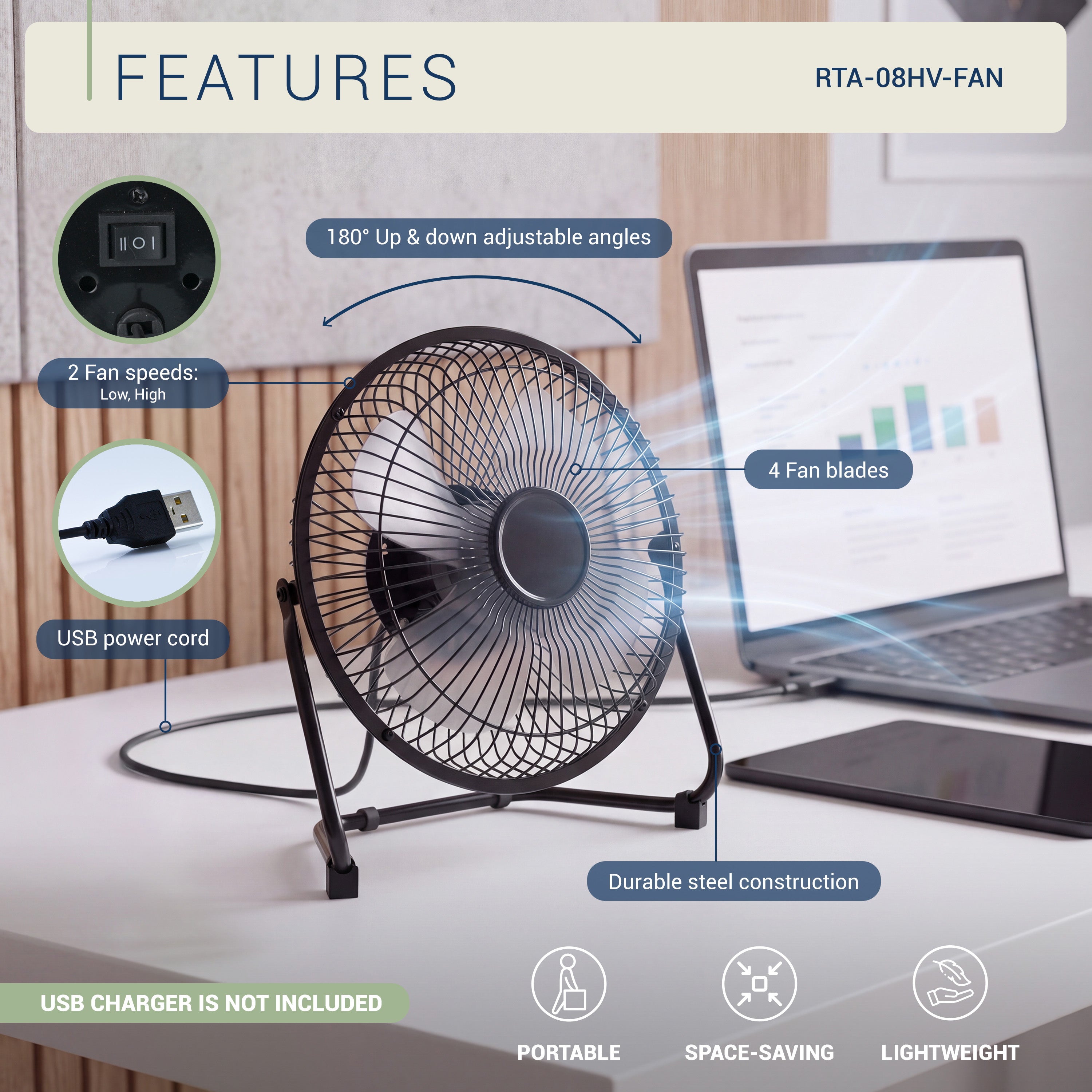 8” USB-Powered High Velocity Fan, 2-Speed Compact Fan with Adjustable Tilt for Home, Office &amp; Garage Cooling