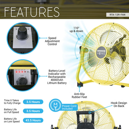 12” Rechargeable 4000mAh High Velocity Cordless Fan with Up to 43.5-Hour Runtime, Ideal for Camping, Emergency Use, or Home Cooling