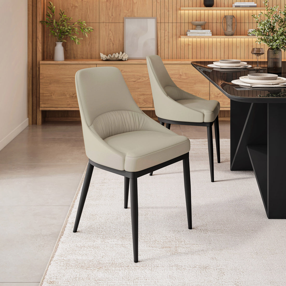 Armless Taupe Dining Chairs with Black Legs – Set of 2