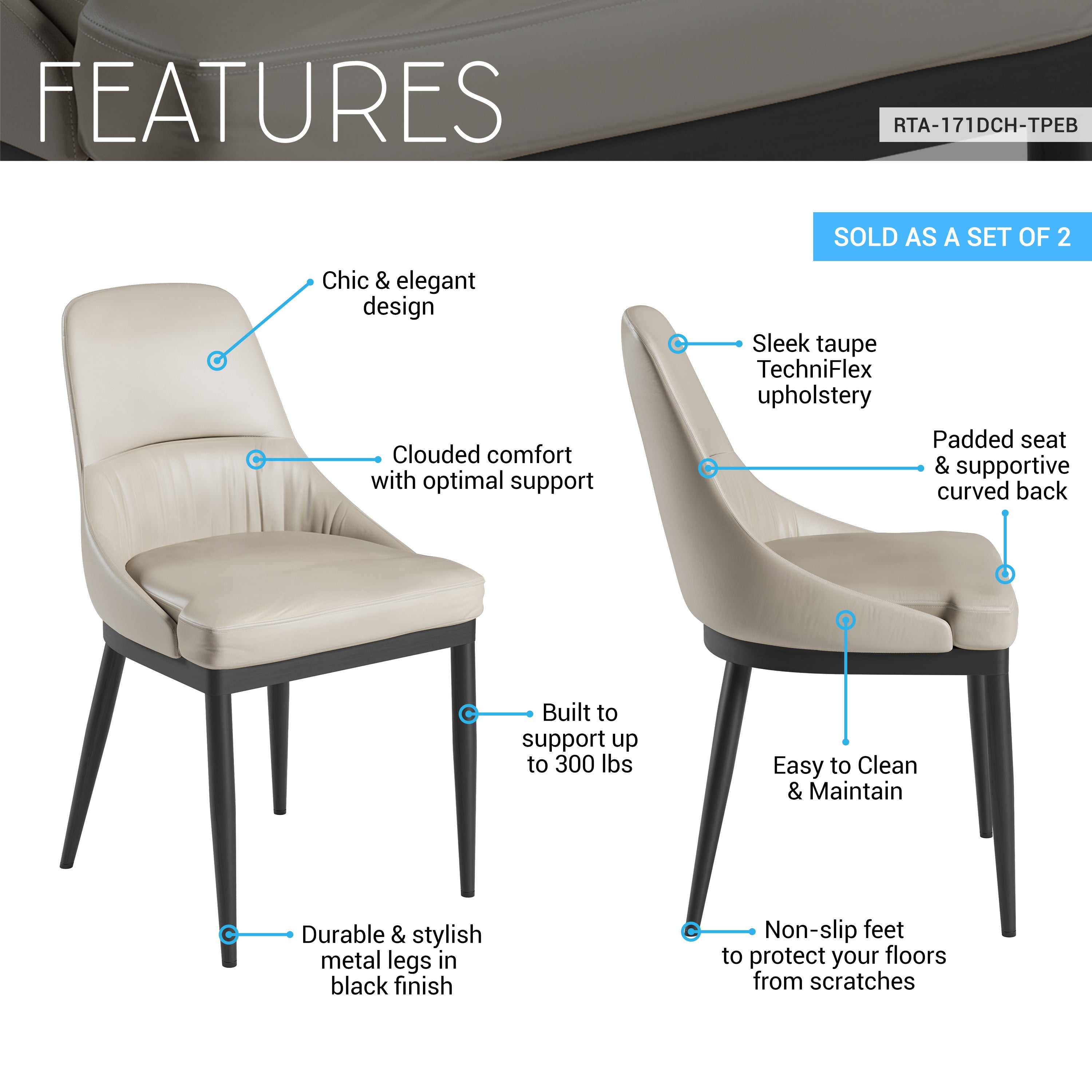 Armless Taupe Dining Chairs with Black Legs – Set of 2