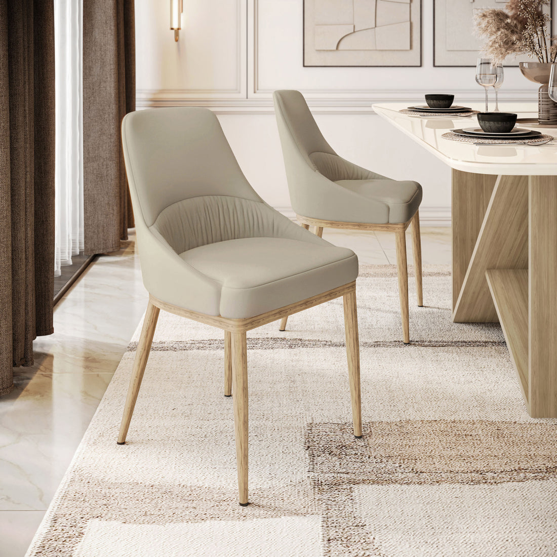 Armless Taupe Dining Chairs with Wood-Look Legs – Set of 2