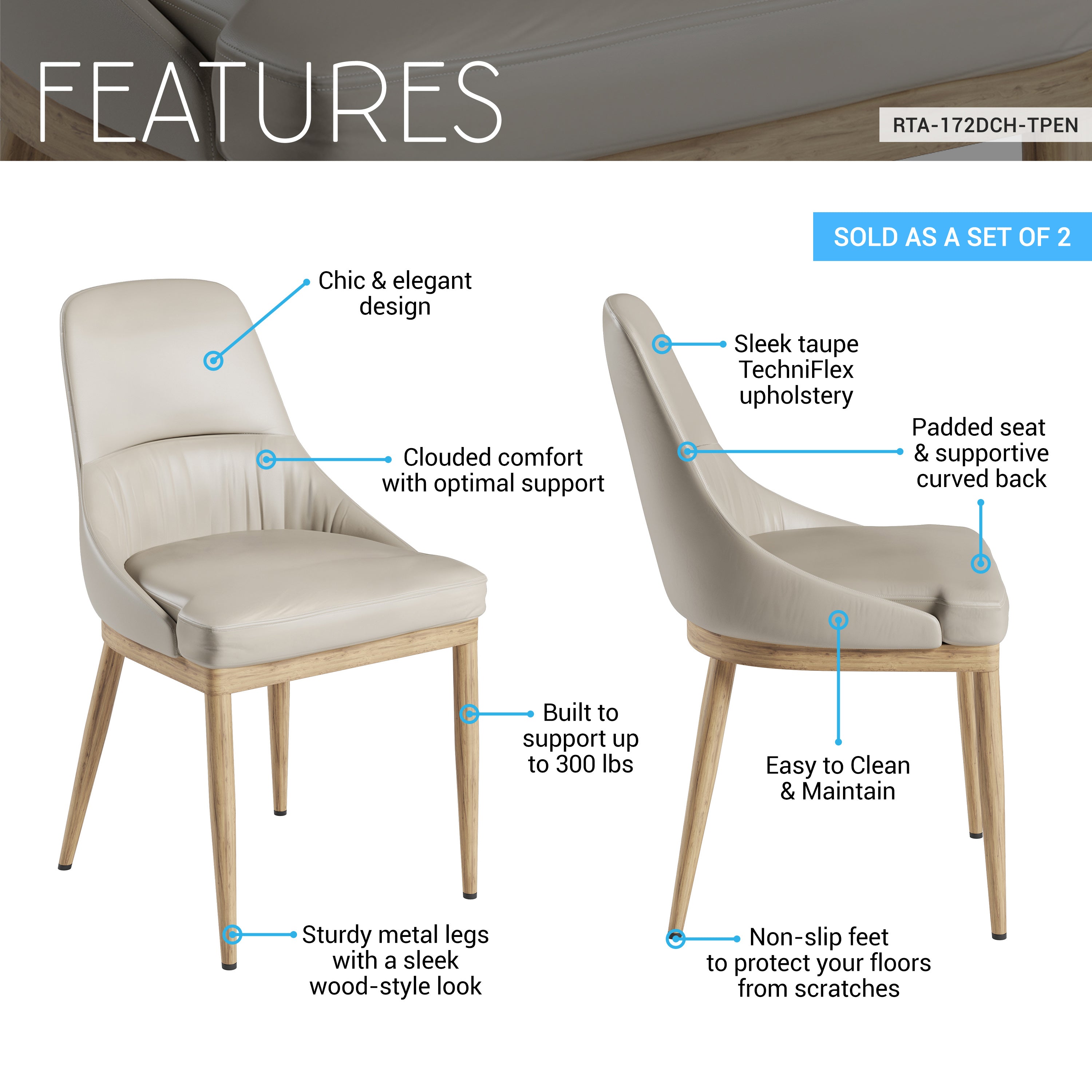 Armless Taupe Dining Chairs with Wood-Look Legs – Set of 2