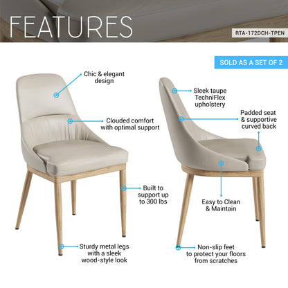 Armless Taupe Dining Chairs with Wood-Look Legs – Set of 2