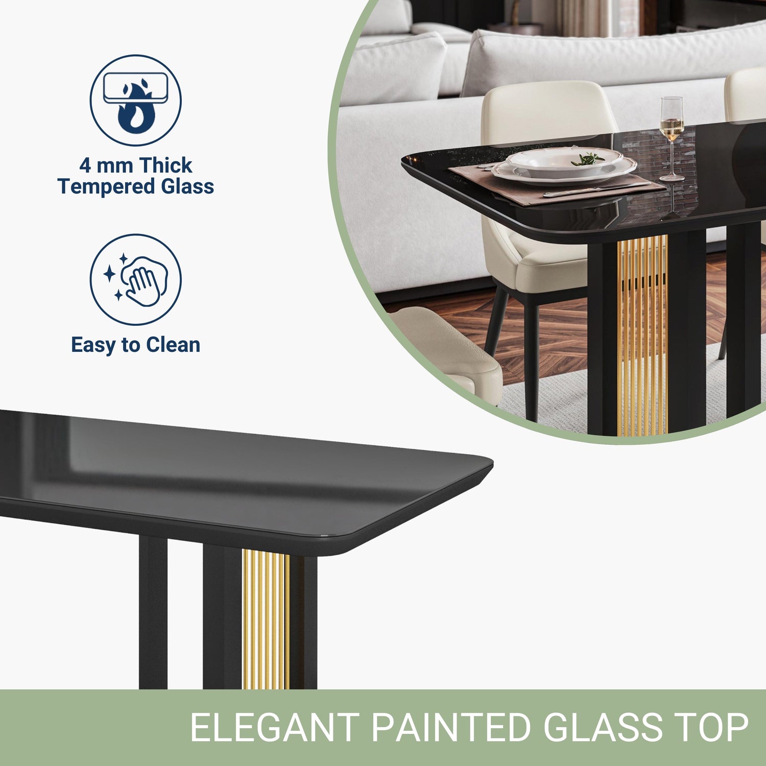 Modern Black Dining Table for 6 with Painted Glass Top and Gold Accent Techni Home Modern Black Dining Table for 6 with Painted Glass Top and Gold Accent Techni Home