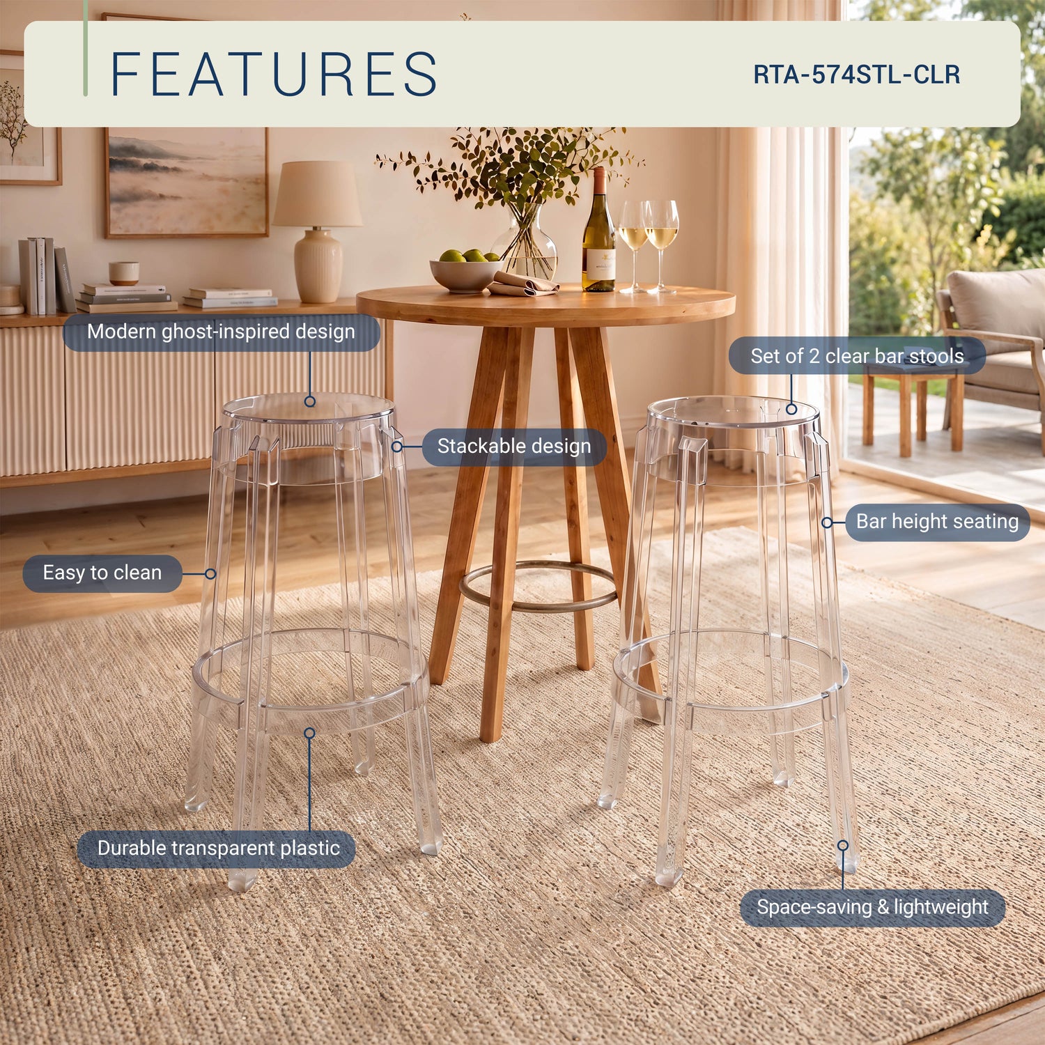 Clear Plastic Stackable Bar Stools Set of 2, Modern Transparent Bar Height Stools, Ghost Chair Inspired Clear Plastic Bar Chairs for Home Bar, Kitchen Island, Dining Room, Restaurant, Café