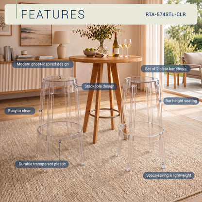 Clear Plastic Stackable Bar Stools Set of 2, Modern Transparent Bar Height Stools, Ghost Chair Inspired Clear Plastic Bar Chairs for Home Bar, Kitchen Island, Dining Room, Restaurant, Café