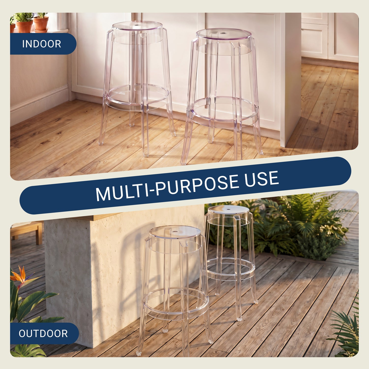 Clear Plastic Stackable Bar Stools Set of 2, Modern Transparent Bar Height Stools, Ghost Chair Inspired Clear Plastic Bar Chairs for Home Bar, Kitchen Island, Dining Room, Restaurant, Café