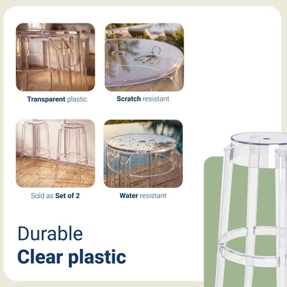 Clear Plastic Stackable Bar Stools Set of 2, Modern Transparent Bar Height Stools, Ghost Chair Inspired Clear Plastic Bar Chairs for Home Bar, Kitchen Island, Dining Room, Restaurant, Café
